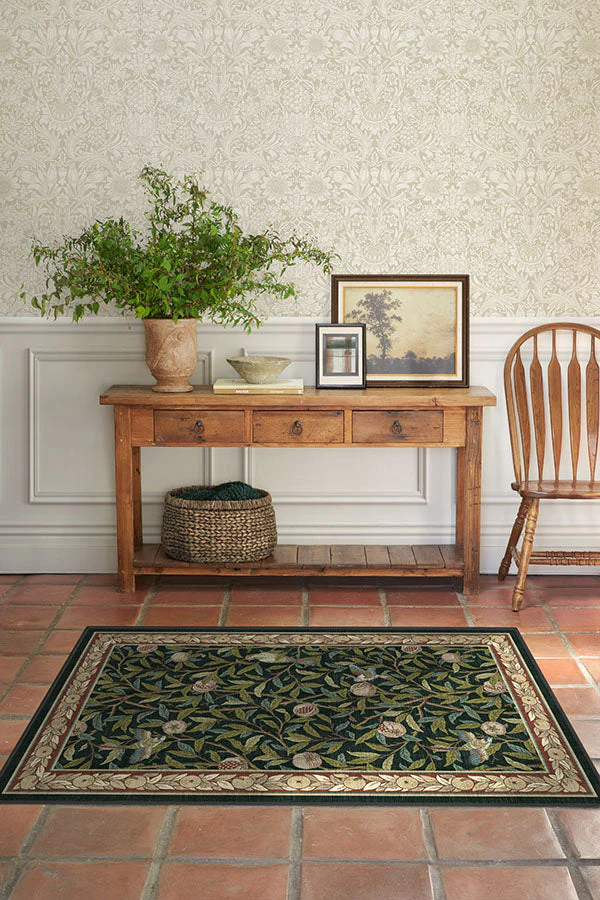 Bird & Pomegranate Teal Green Flatwoven Rug by Morris & Co.