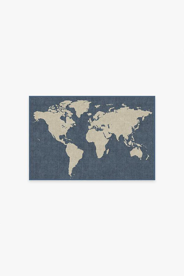 World Map Blue Flatwoven Rug