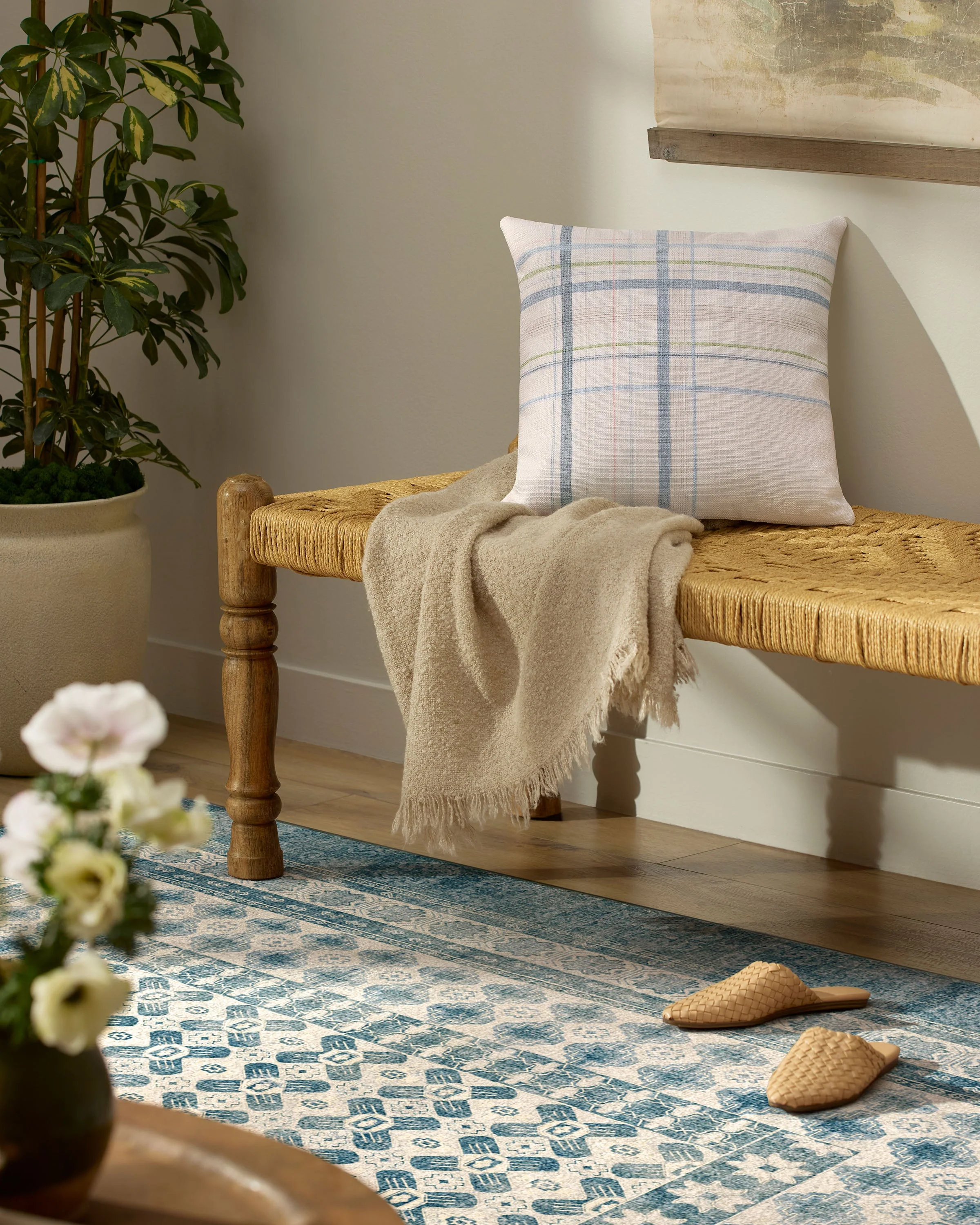 Jules Ivory & Soft Blue Woven Throw Pillow