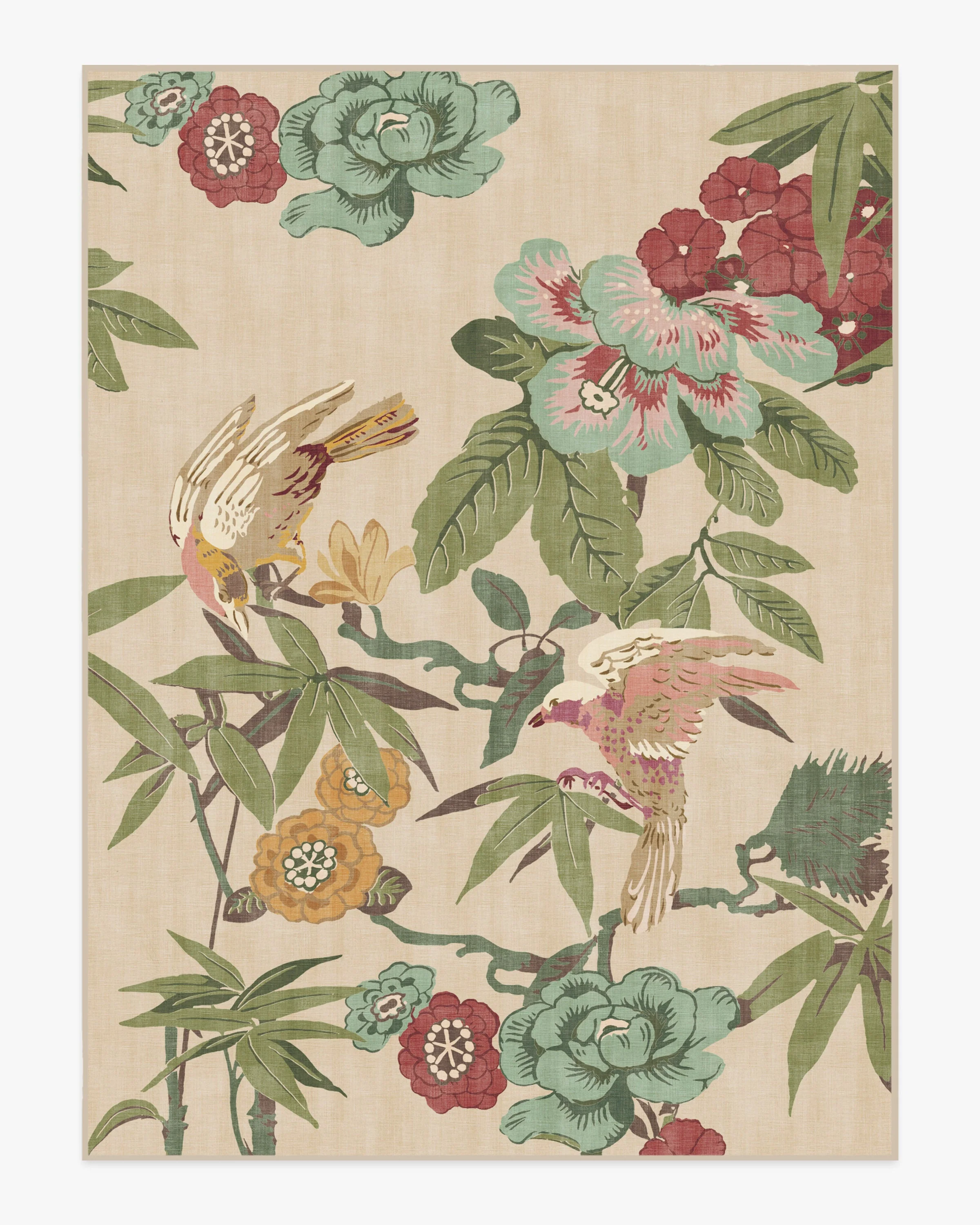 Bamboo & Bird Blush & Jade Rug by Sanderson