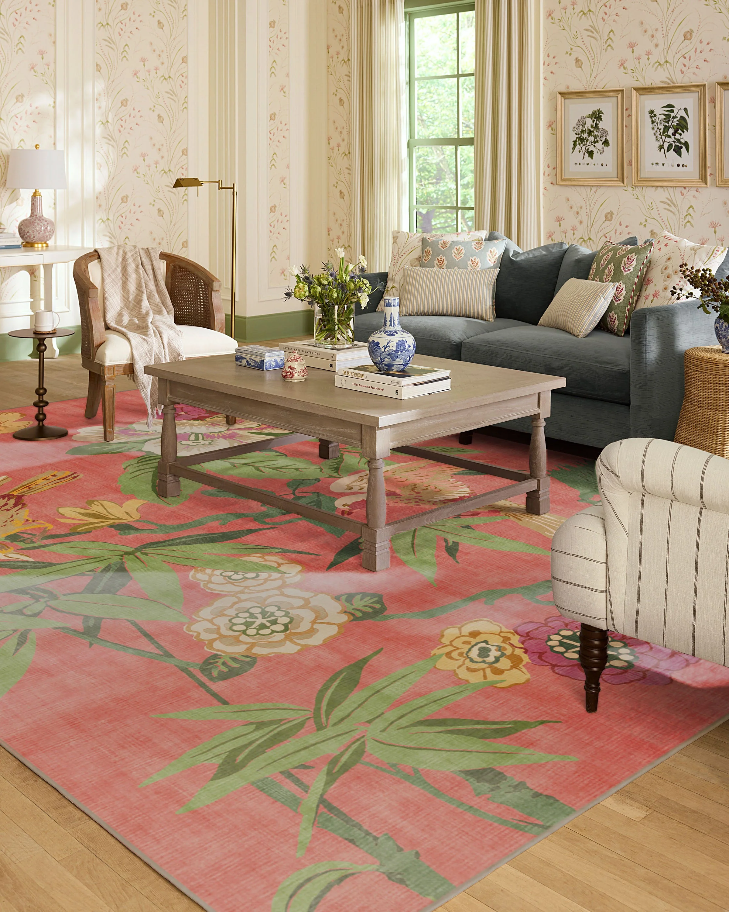 Bamboo & Bird Blossom Pink Flatwoven Rug by Sanderson
