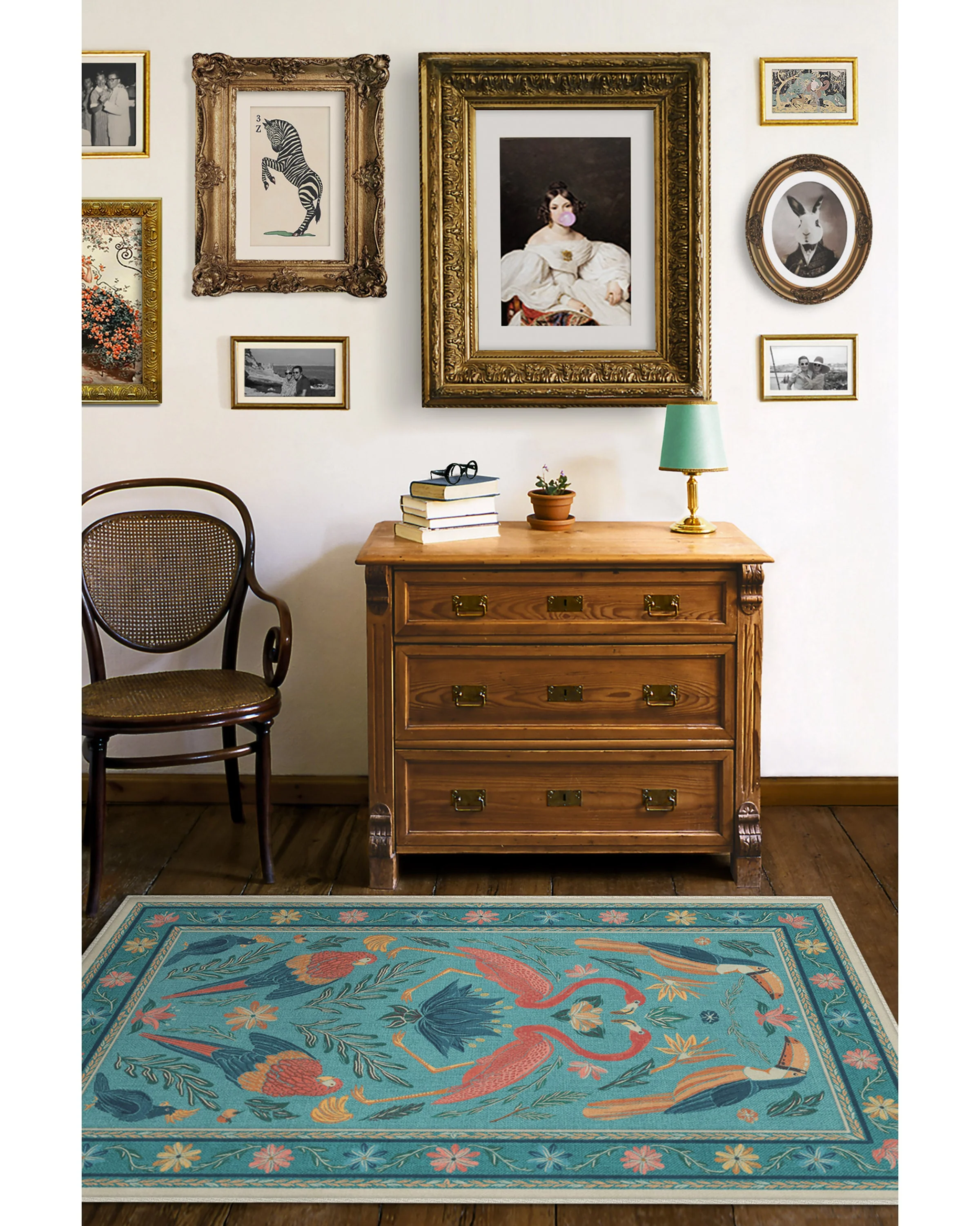 Birds Of A Feather Aqua Flatwoven Rug by Iris Apfel