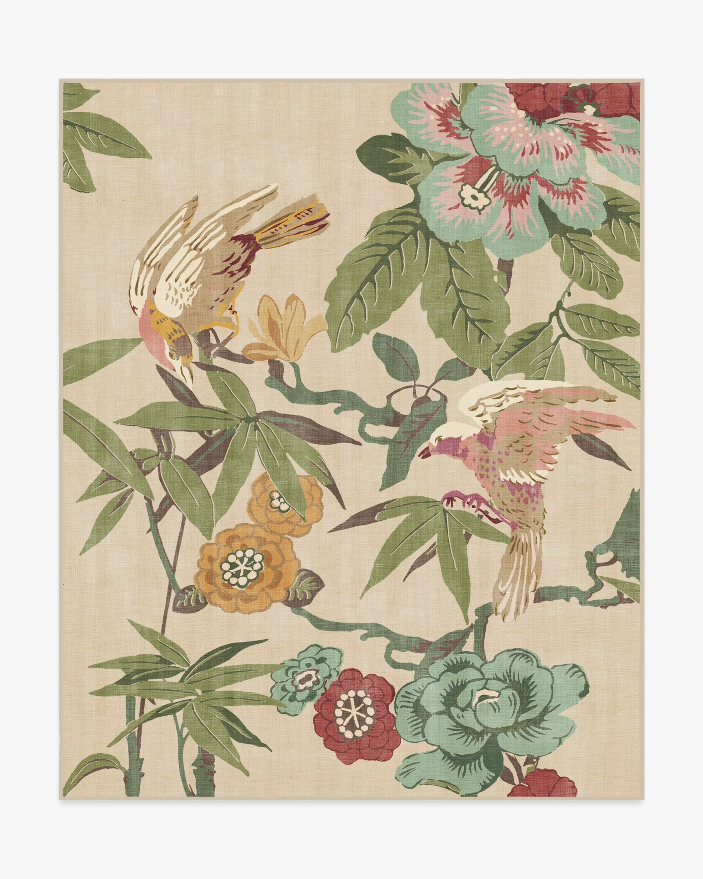 Bamboo & Bird Blush & Jade Rug by Sanderson