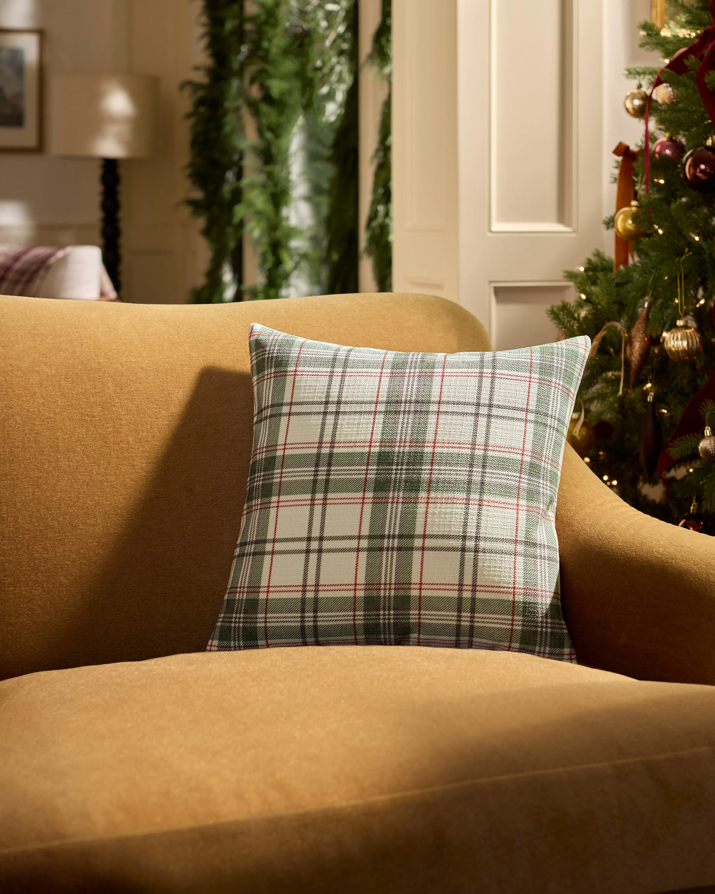 Noelle Tartan Eggshell & Green Woven Throw Pillow