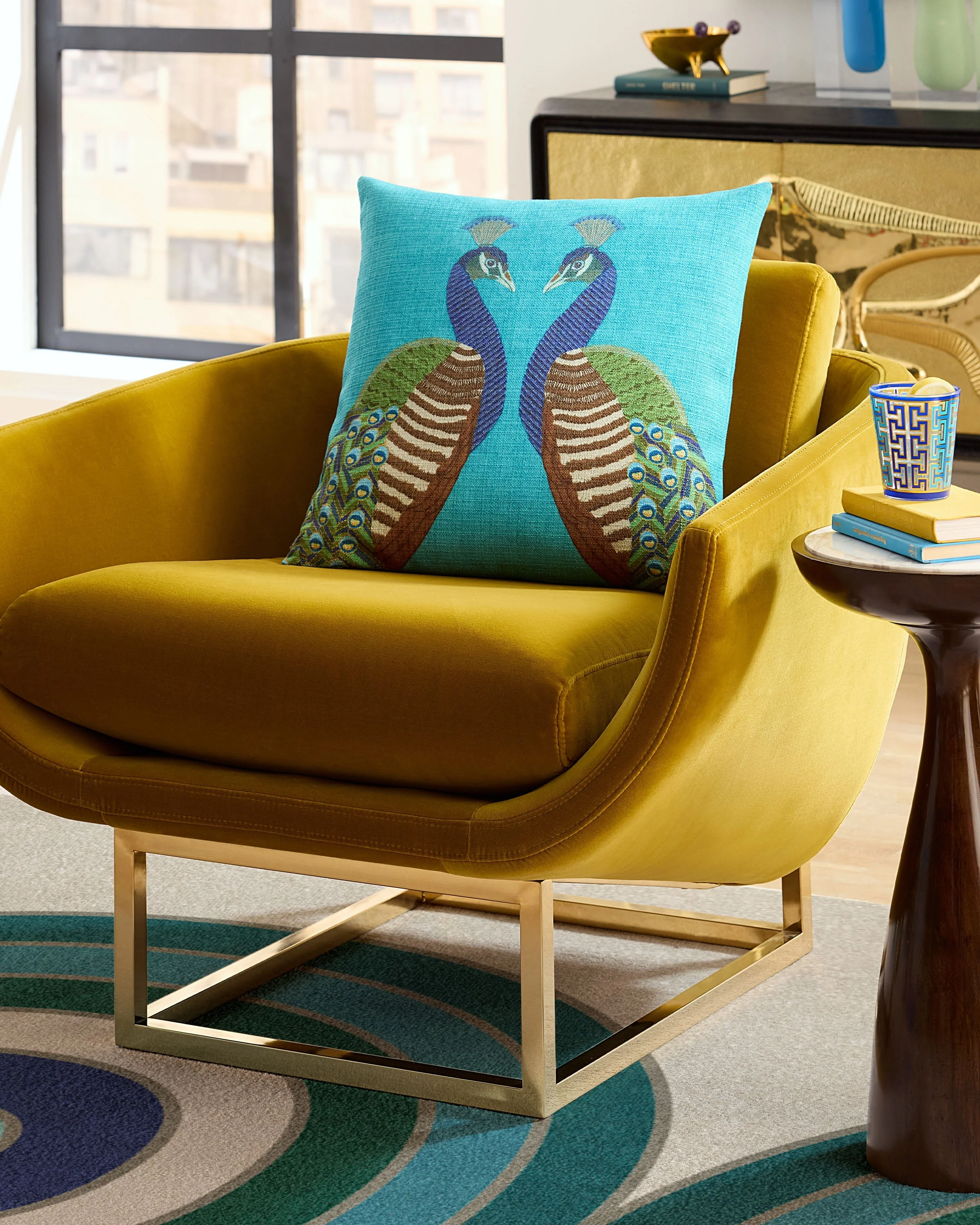 Reflected Peacock Turquoise Woven Throw Pillow by Jonathan Adler