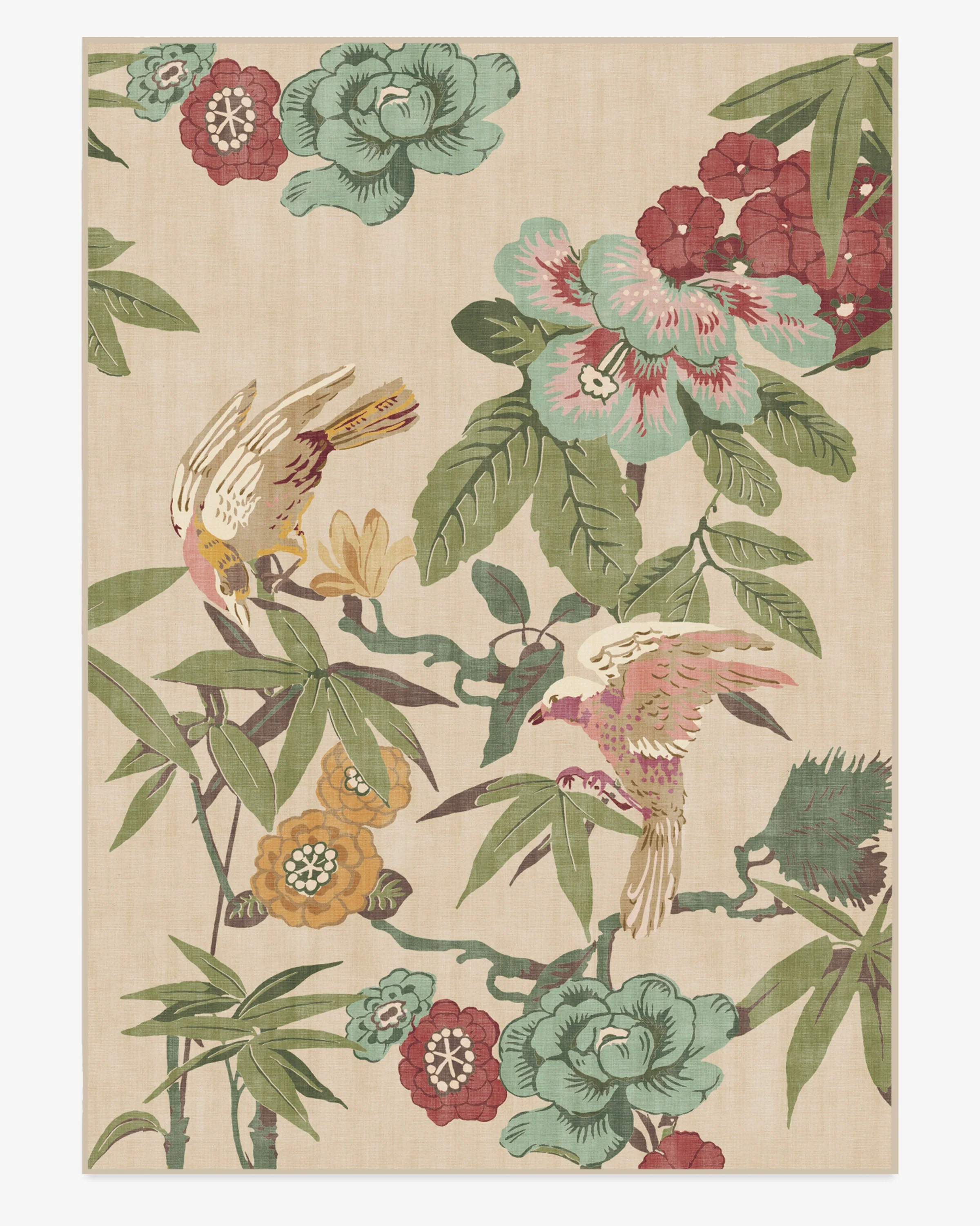 Bamboo & Bird Blush & Jade Rug by Sanderson