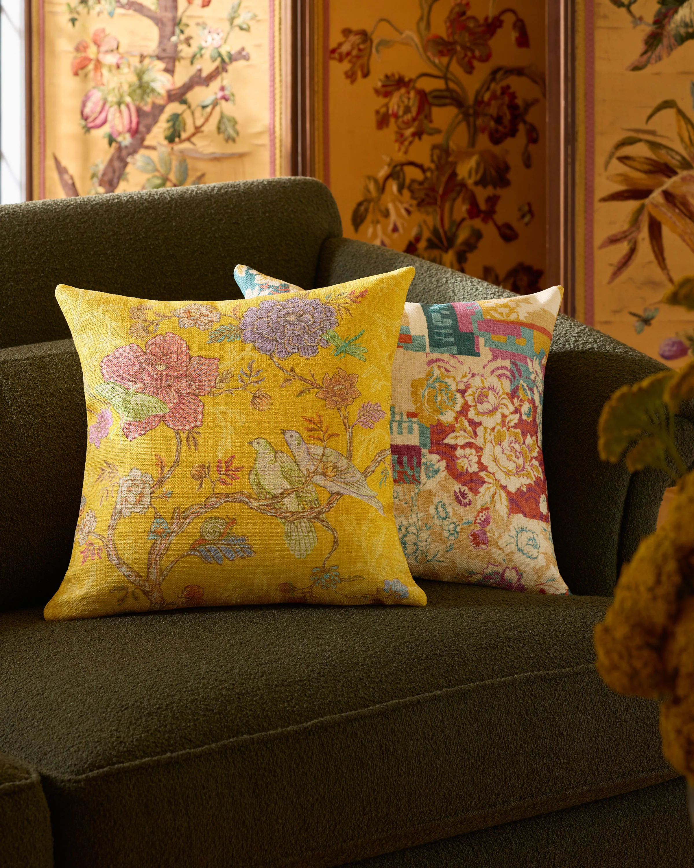 Vibrant Garden Citron Yellow Woven Throw Pillow by Iris Apfel
