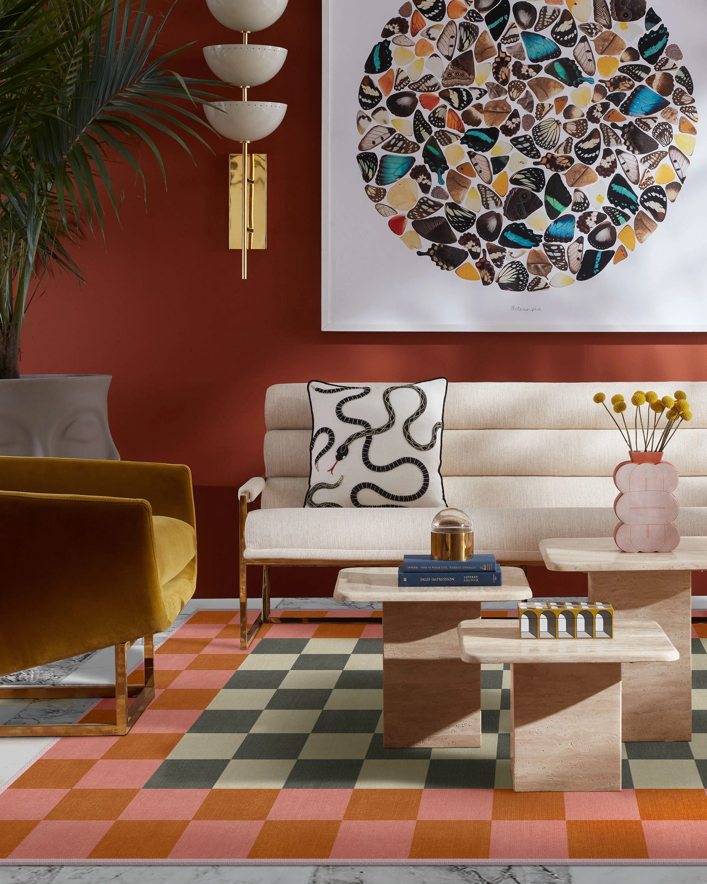 Checker Border Pink & Orange Flatwoven Rug by Jonathan Adler