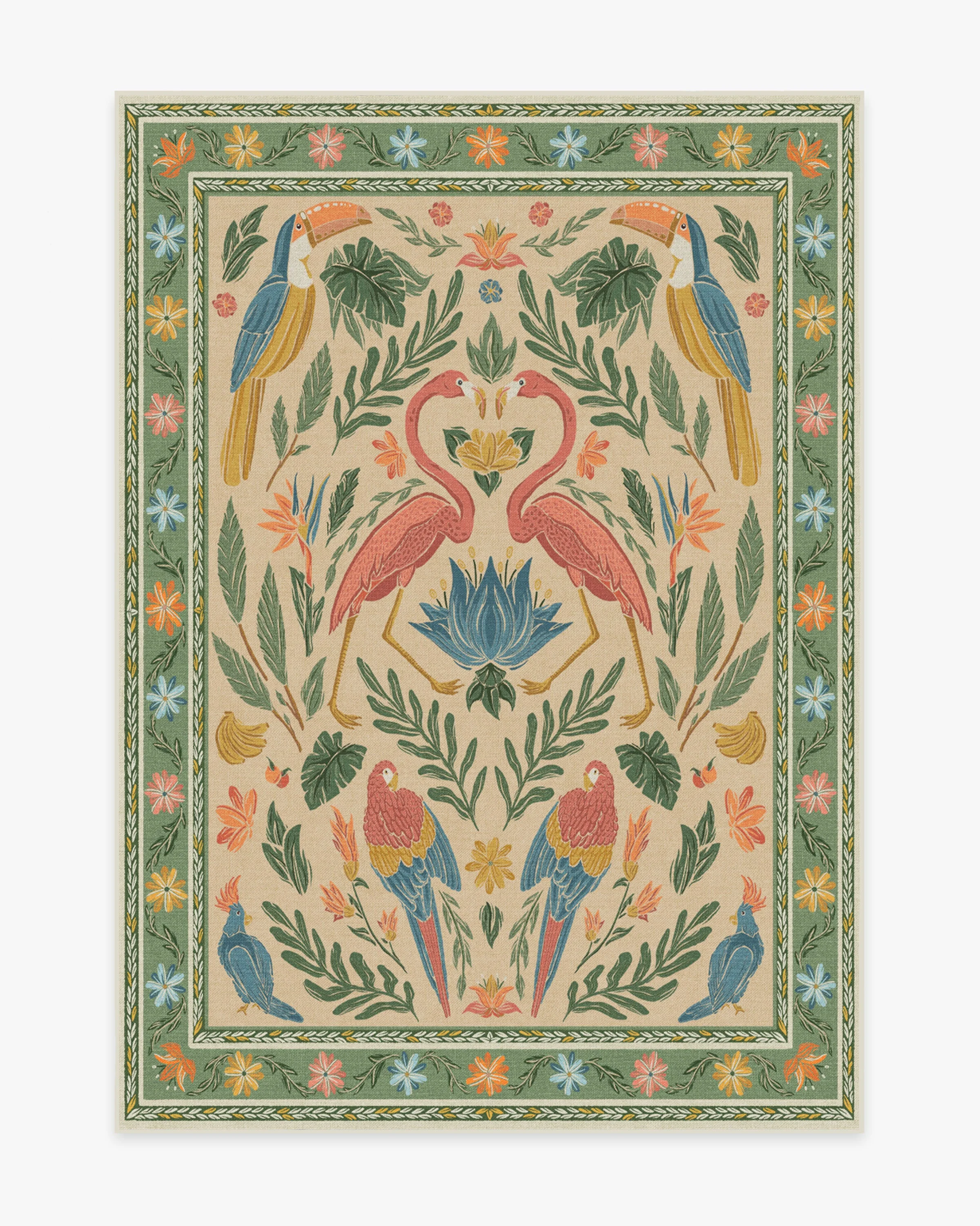 Birds Of A Feather Green & Peach Flatwoven Rug by Iris Apfel