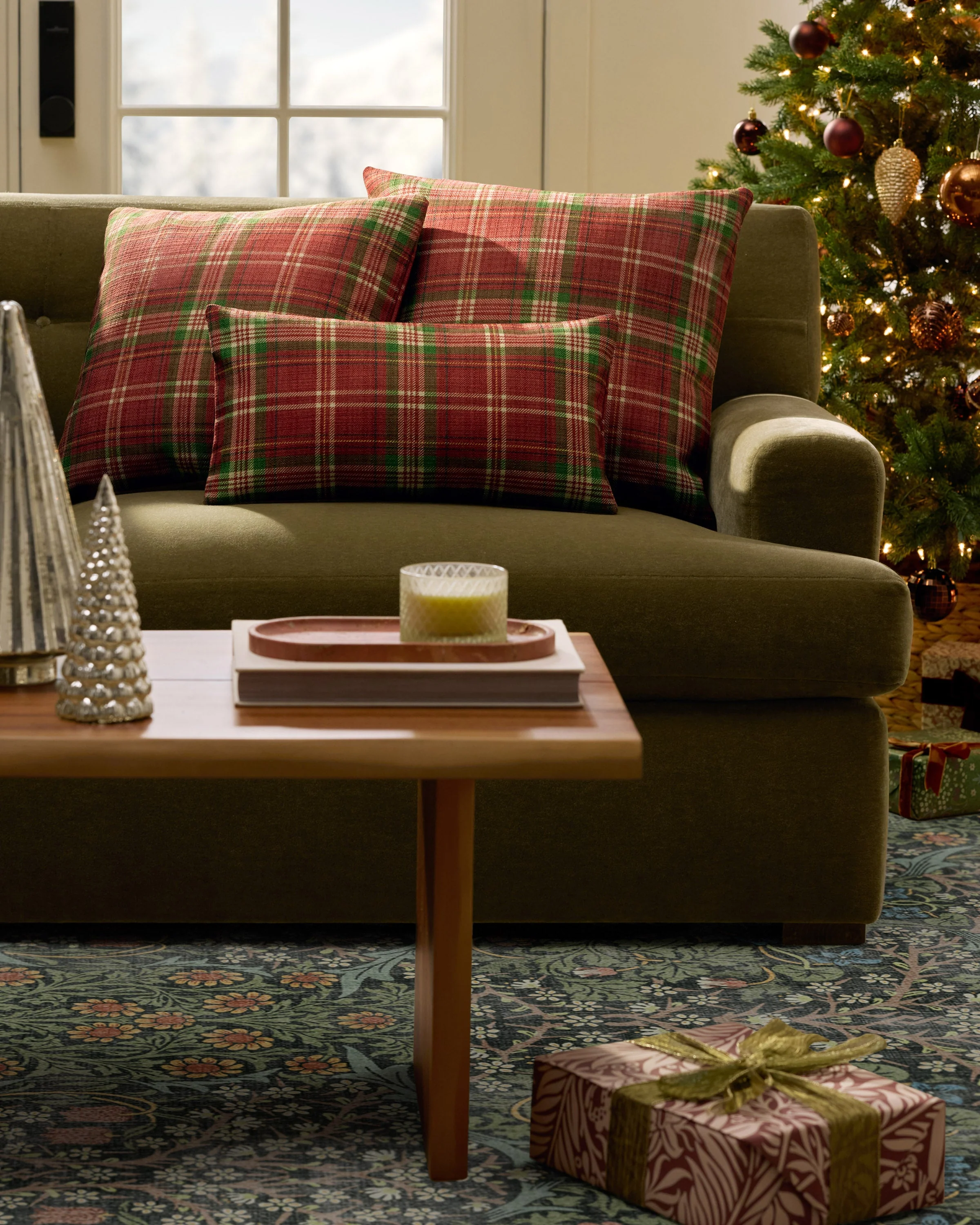 Merry Tartan Red & Green Woven Throw Pillow