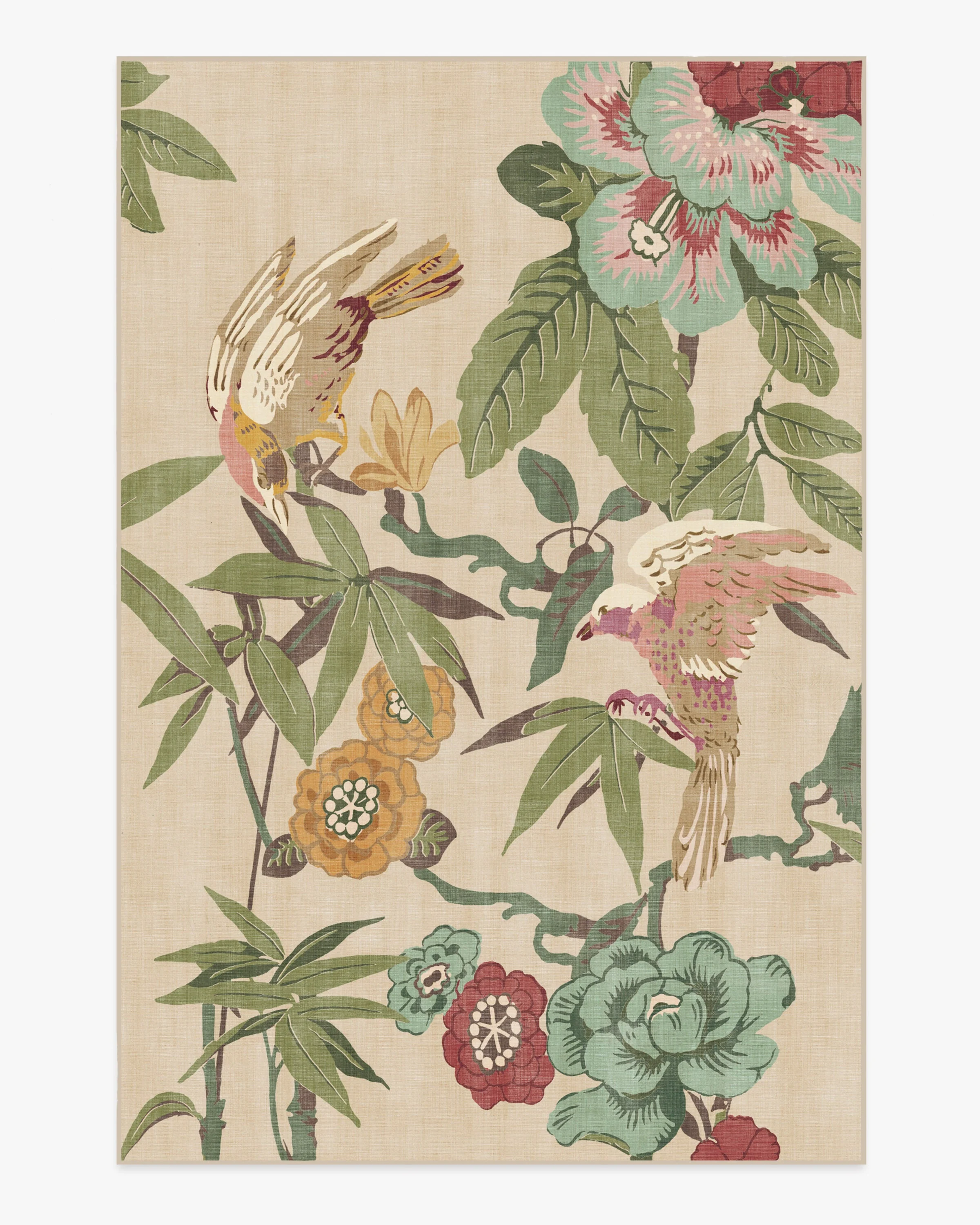Bamboo & Bird Blush & Jade Rug by Sanderson