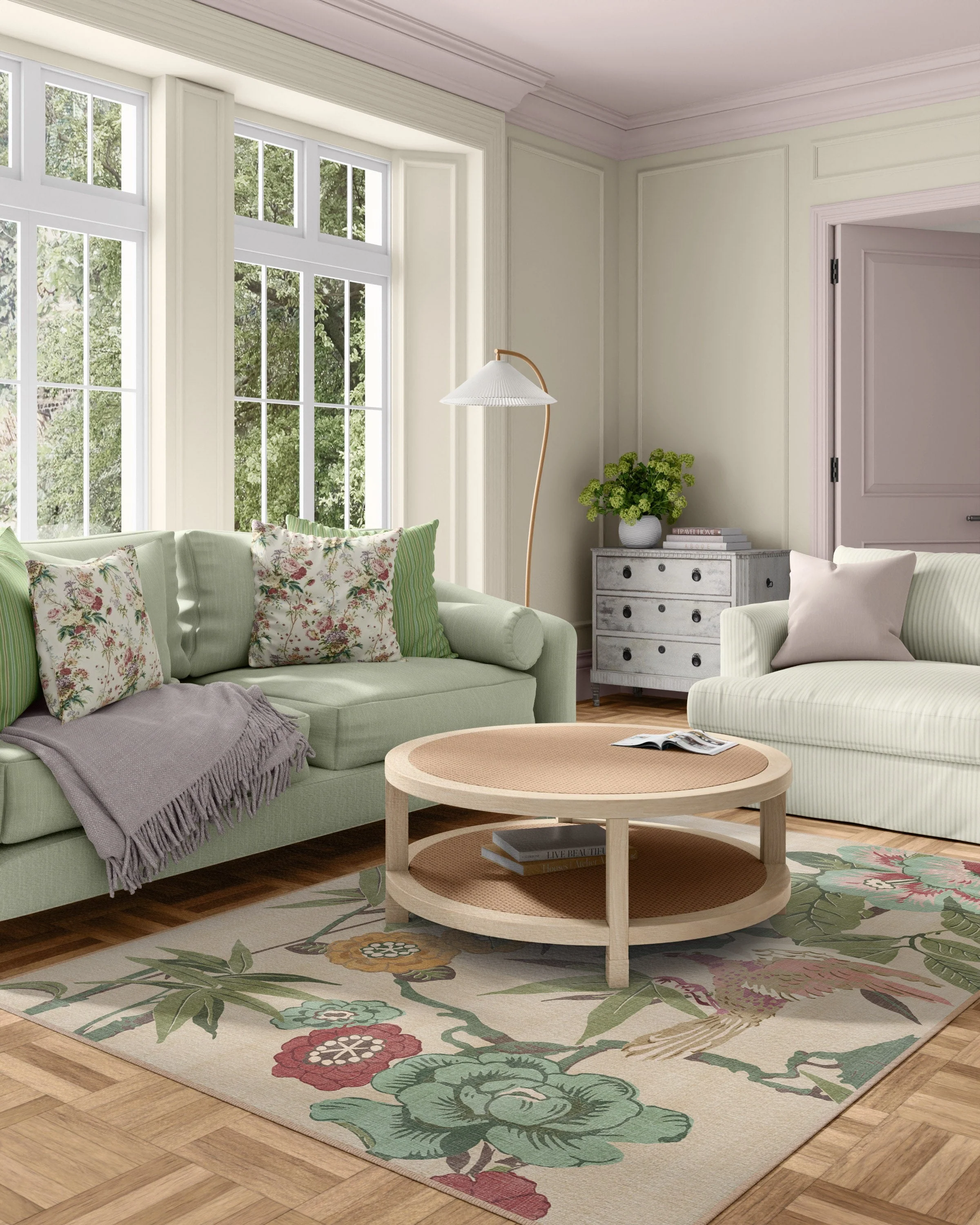 Bamboo & Bird Blush & Jade Rug by Sanderson