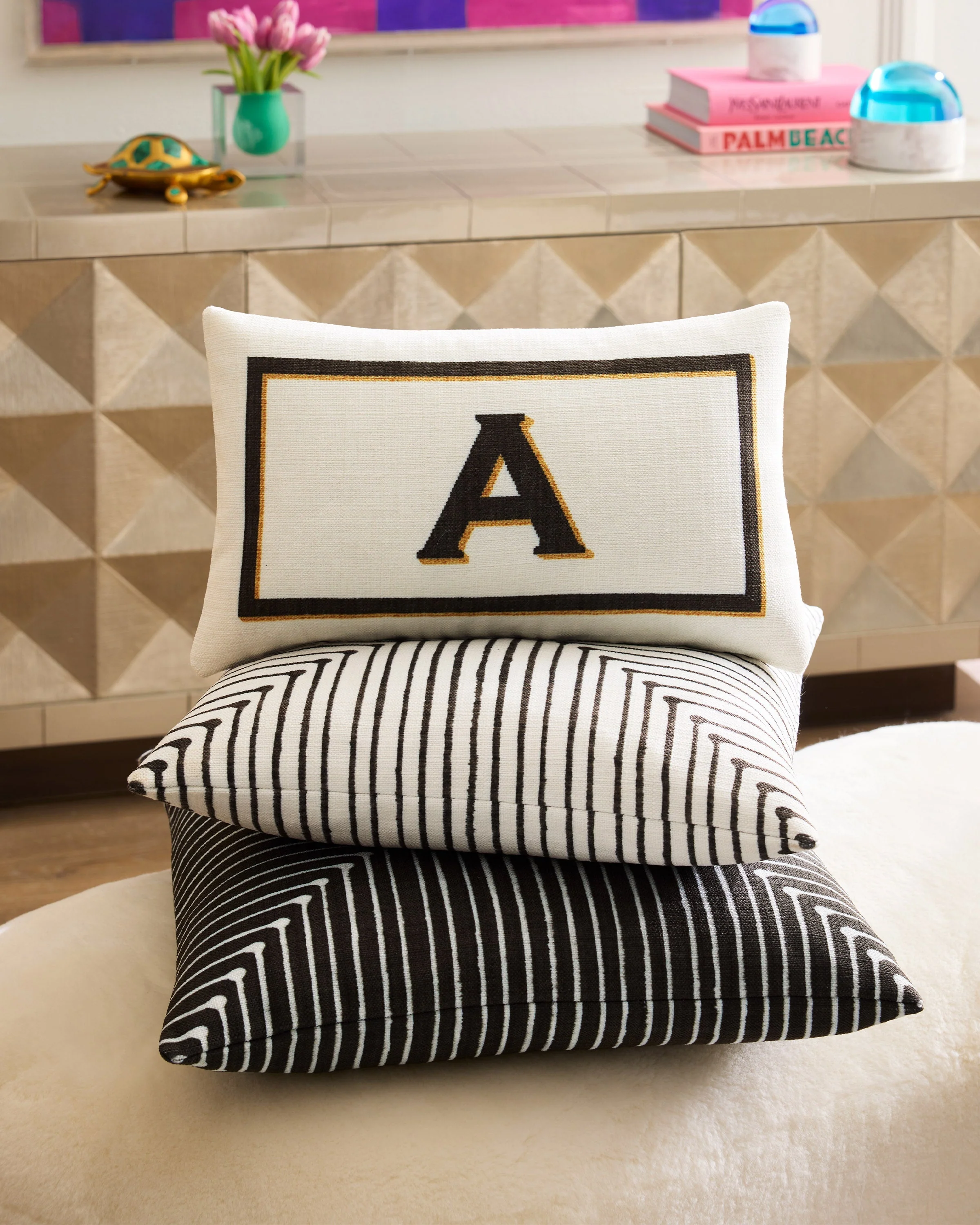 Classic Monogram Ivory Woven Throw Pillow, 12x21 by Jonathan Adler