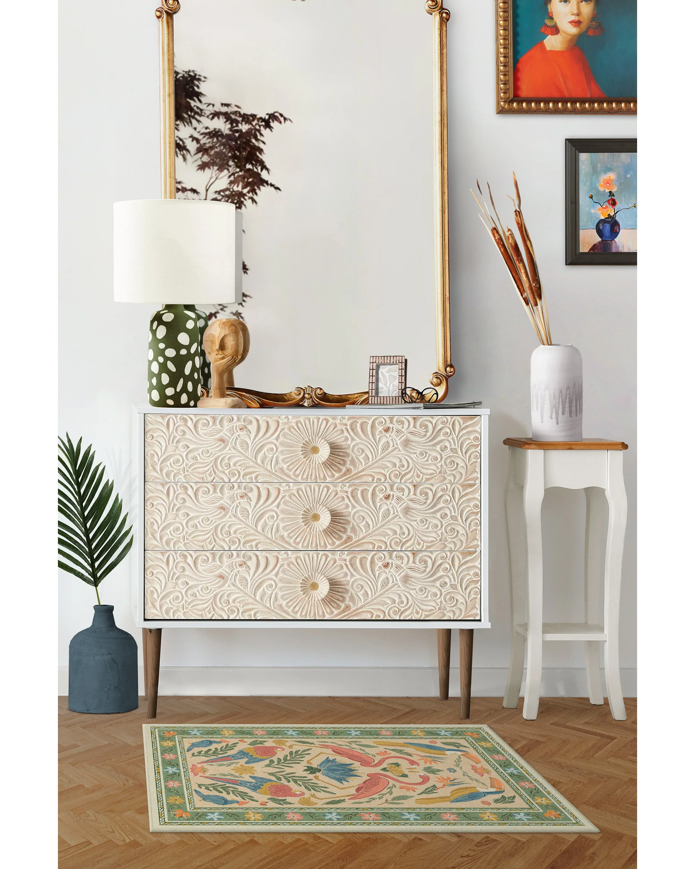 Birds Of A Feather Green & Peach Flatwoven Rug by Iris Apfel