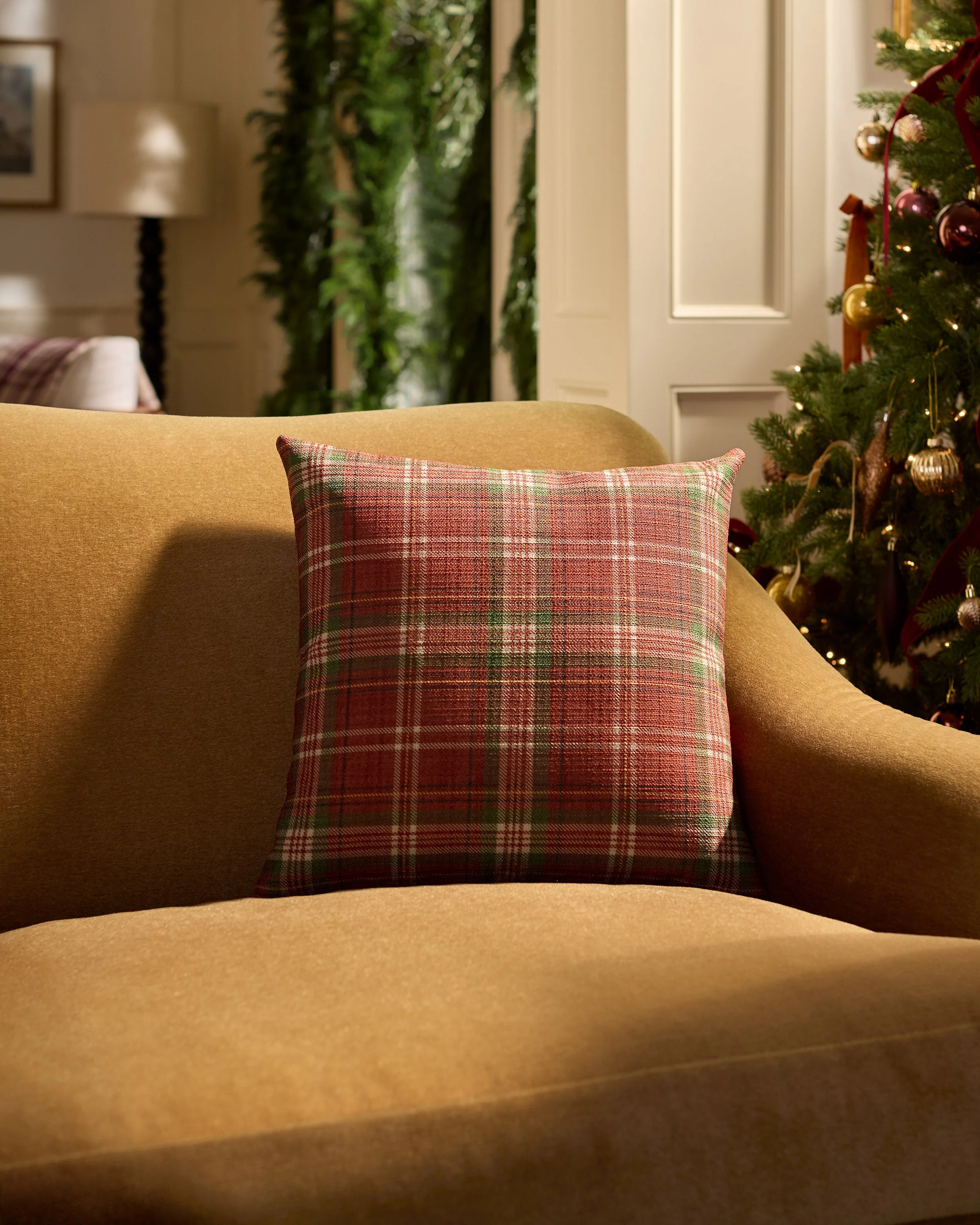 Merry Tartan Red & Green Woven Throw Pillow