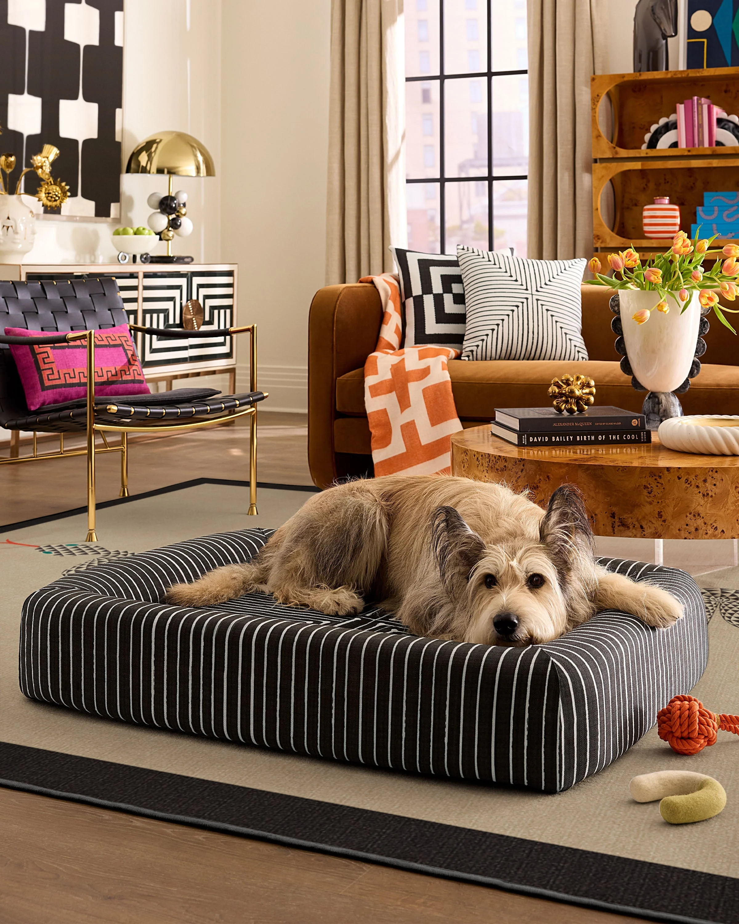 Inkdrop Charcoal Woven Bolster Pet Bed by Jonathan Adler
