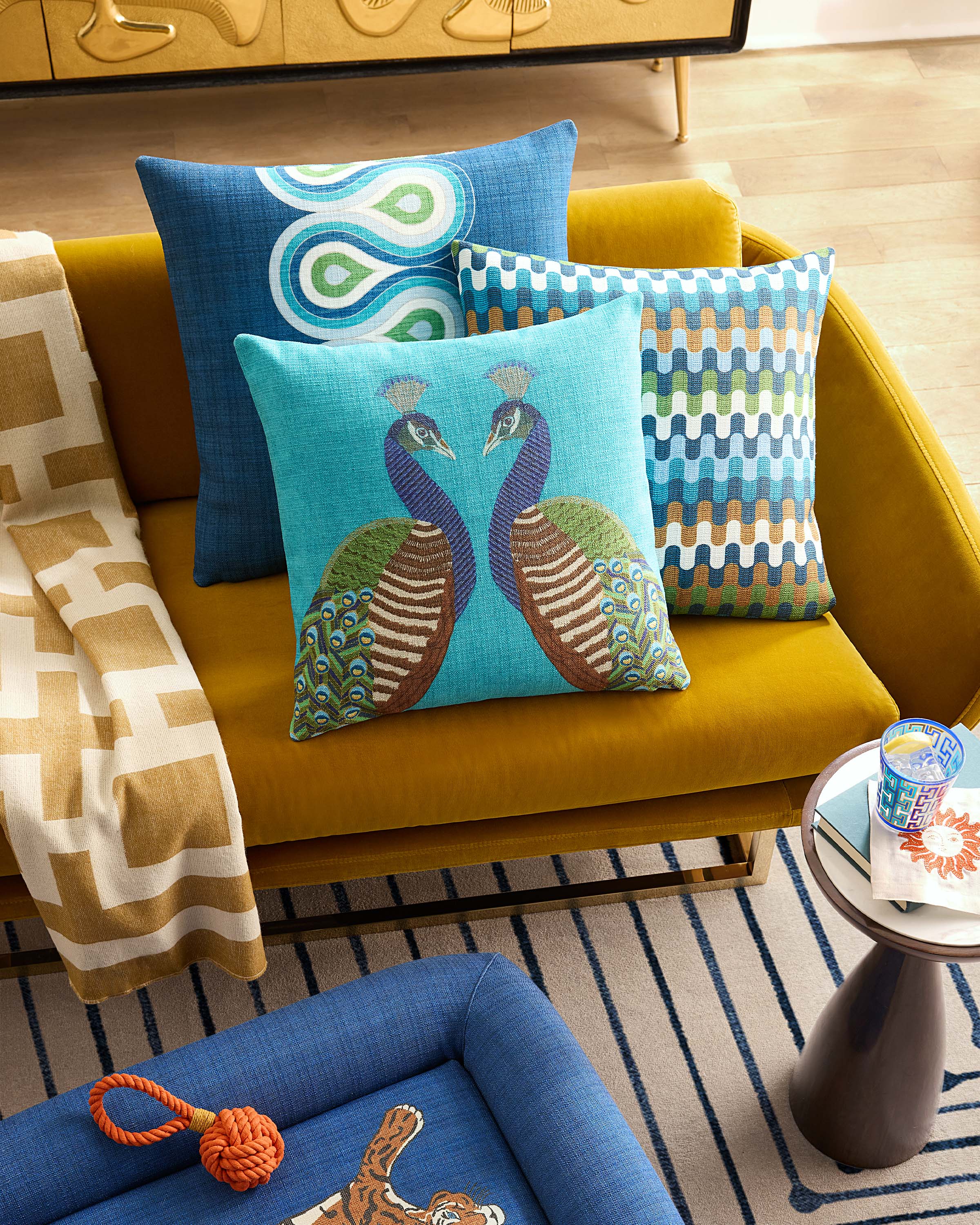 Reflected Peacock Turquoise Woven Throw Pillow by Jonathan Adler