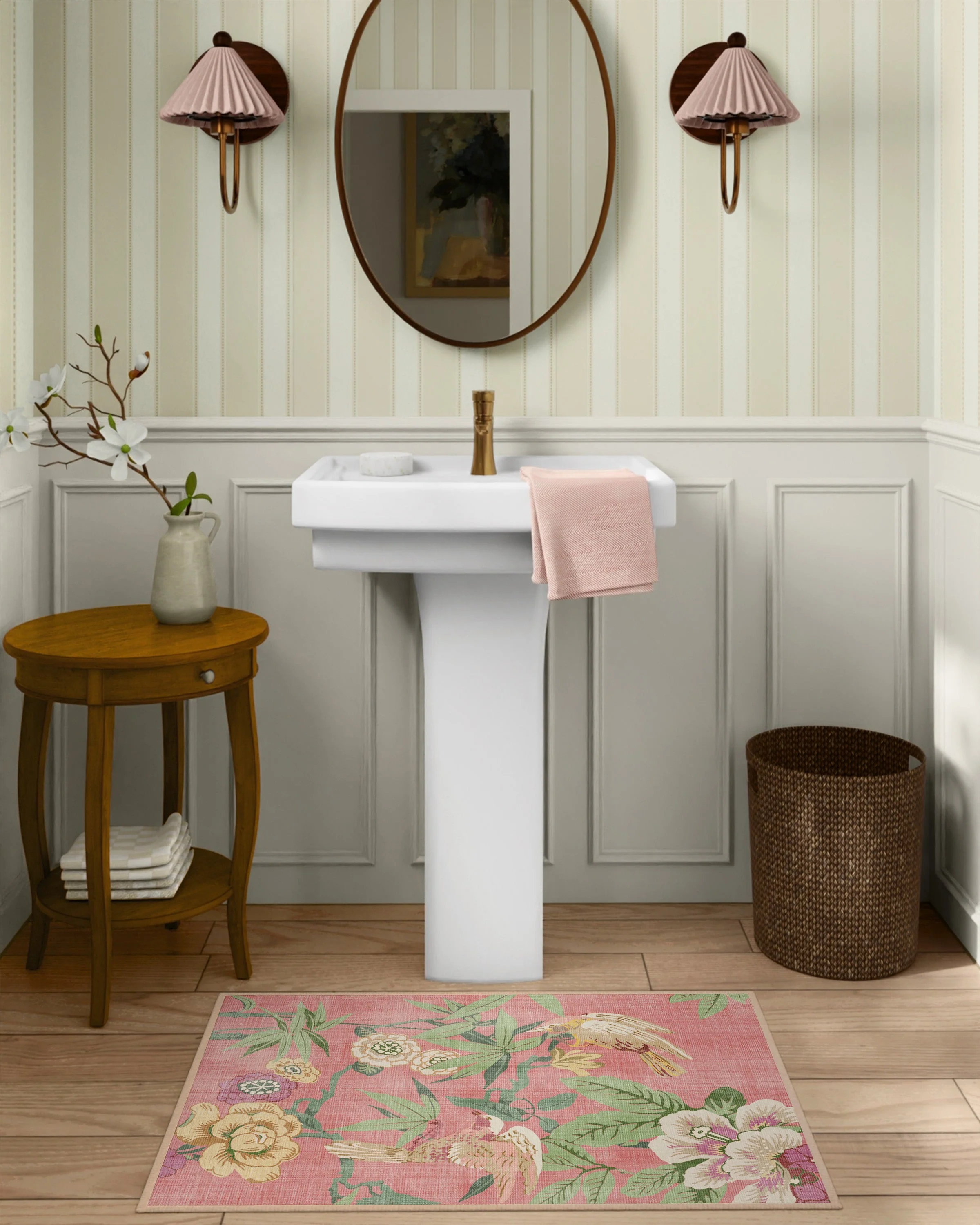 Bamboo & Bird Blossom Pink Flatwoven Rug by Sanderson