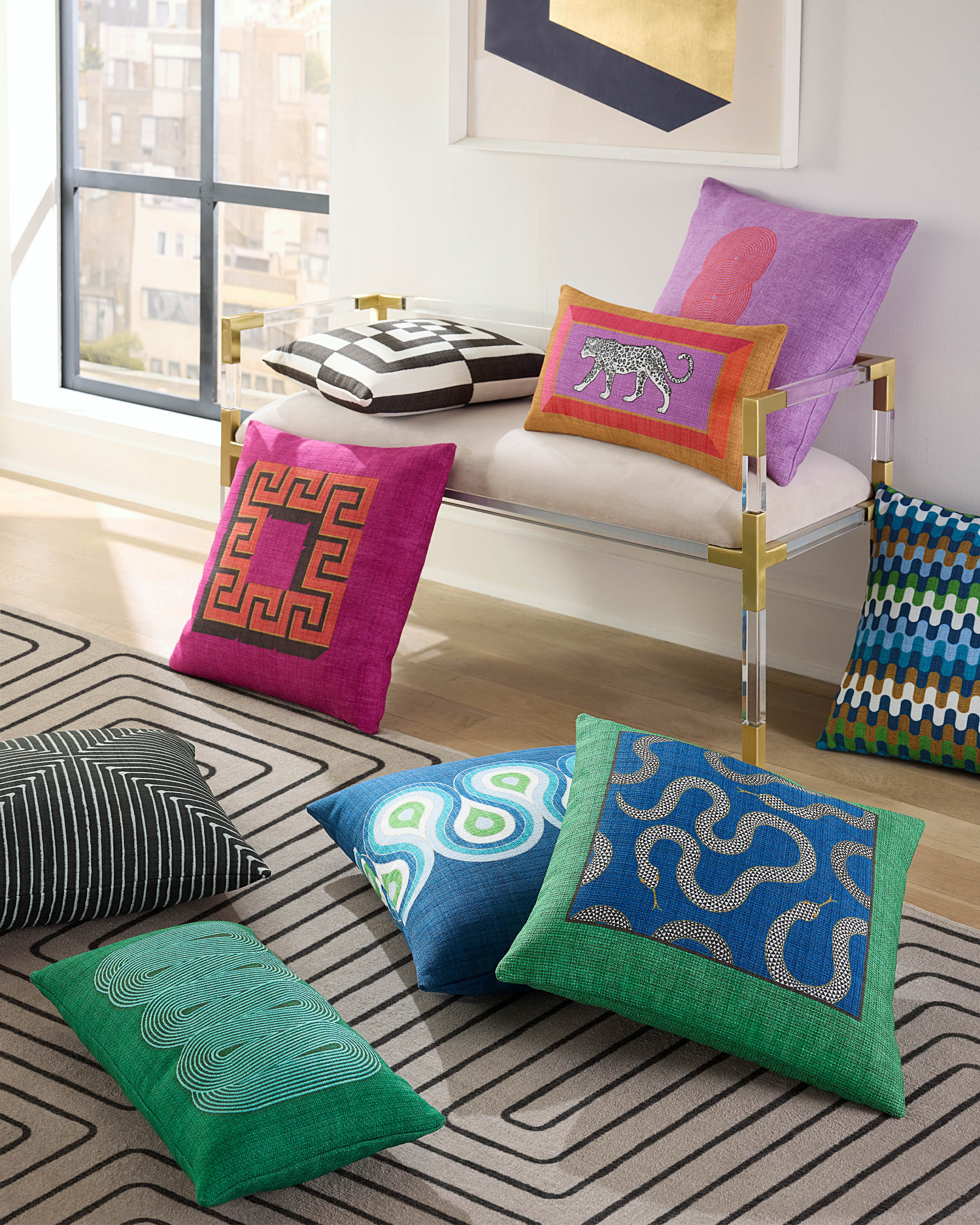 Venom Green & Blue Woven Throw Pillow by Jonathan Adler
