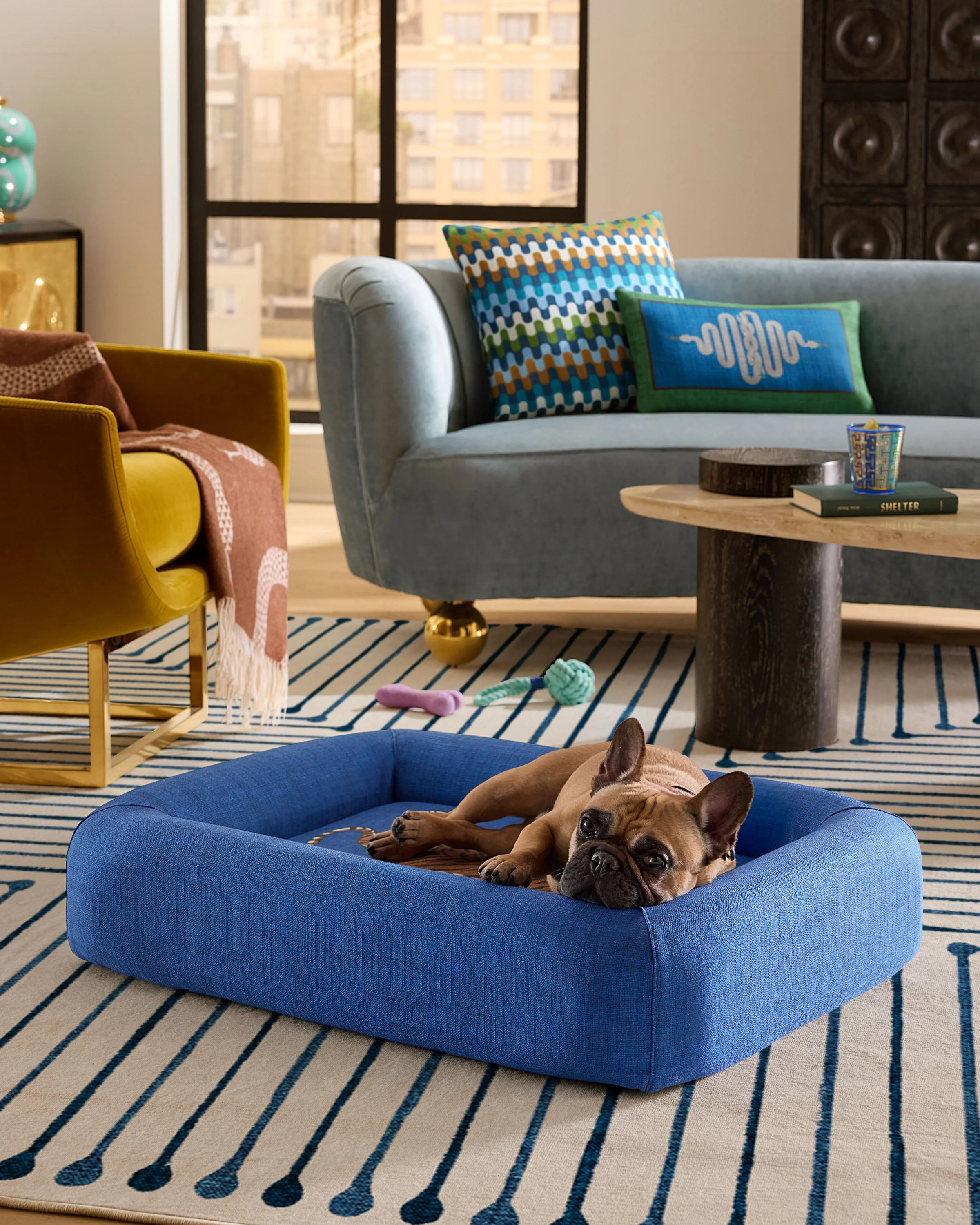 Tiger Blue Woven Bolster Pet Bed by Jonathan Adler
