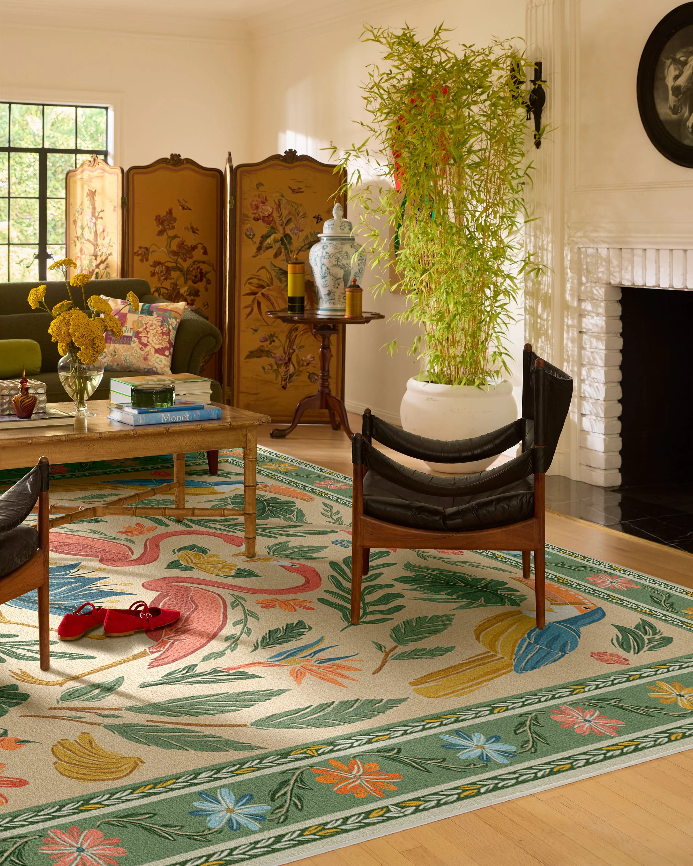 Birds Of A Feather Green & Peach Flatwoven Rug by Iris Apfel