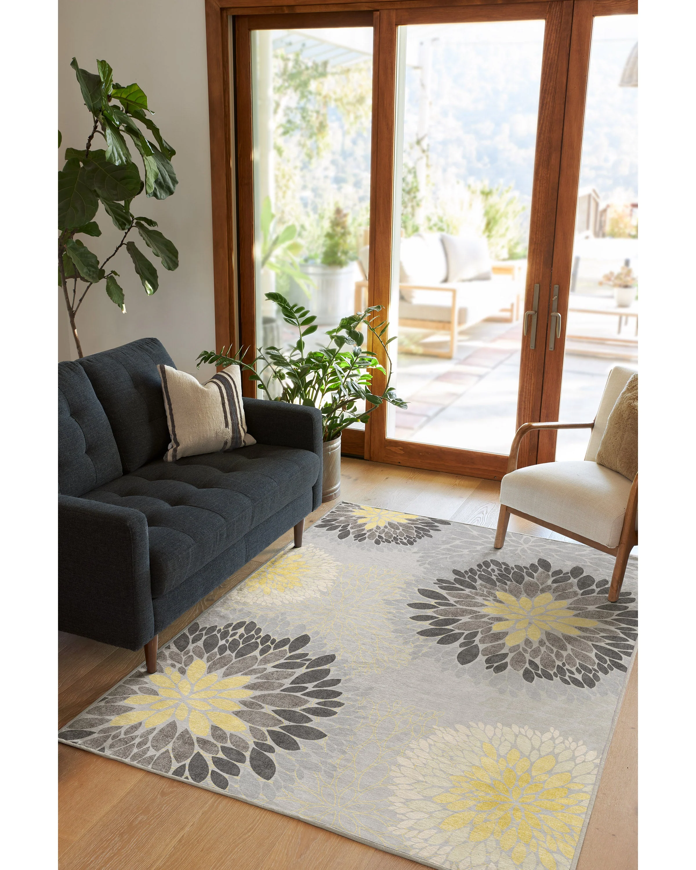 Floral Medallion Yellow Grey Rug