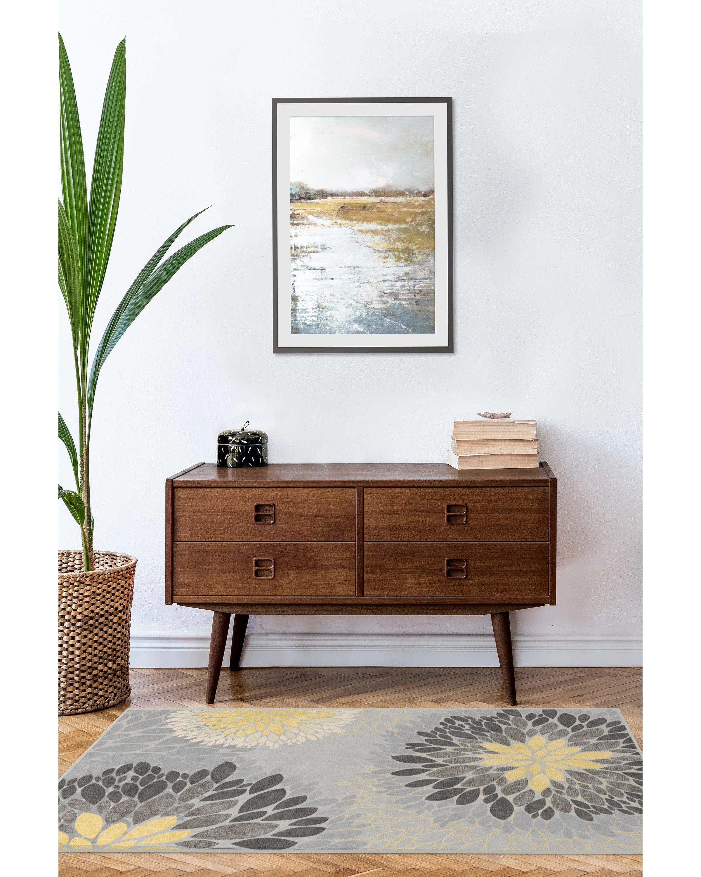 Floral Medallion Yellow Grey Rug