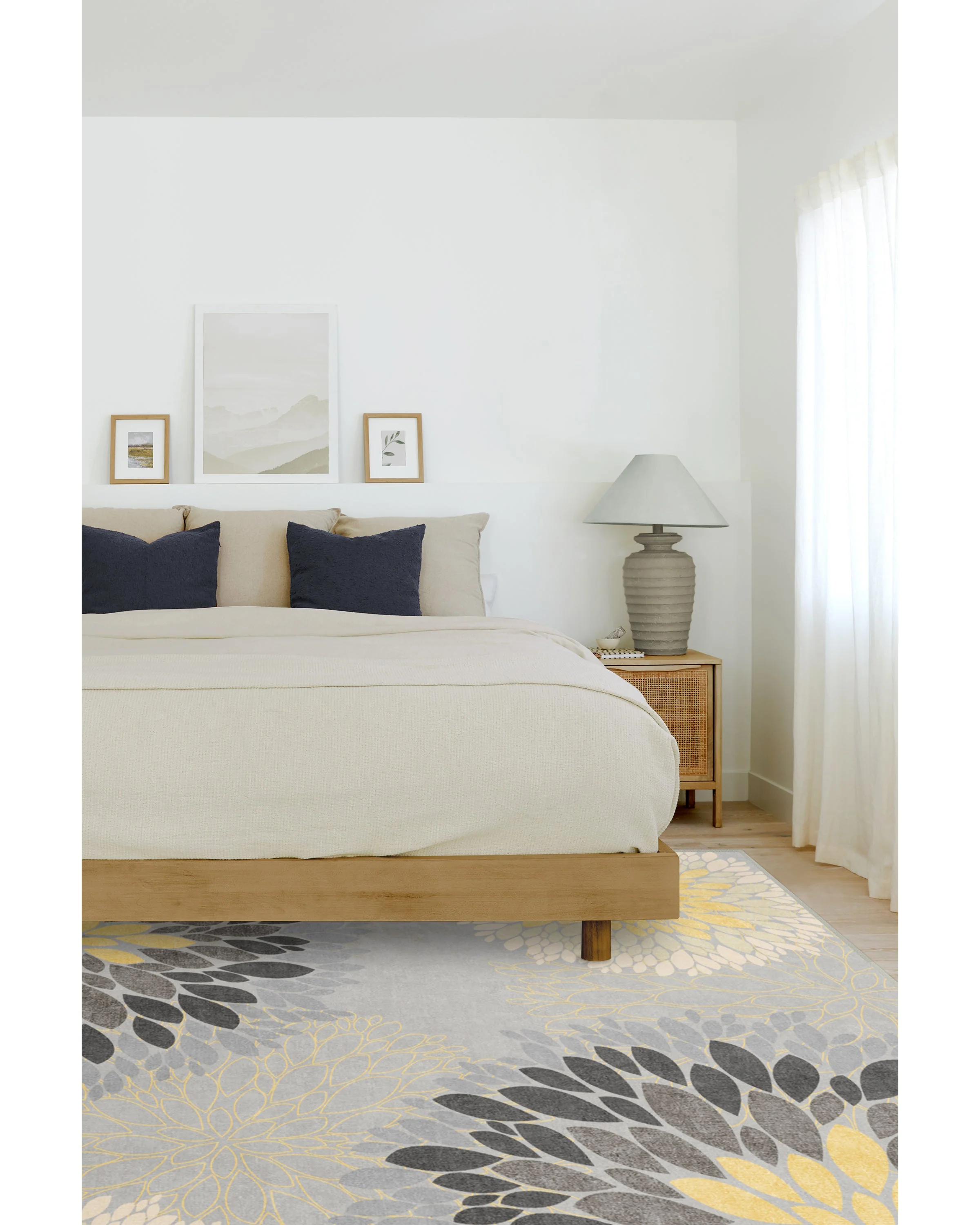 Floral Medallion Yellow Grey Rug