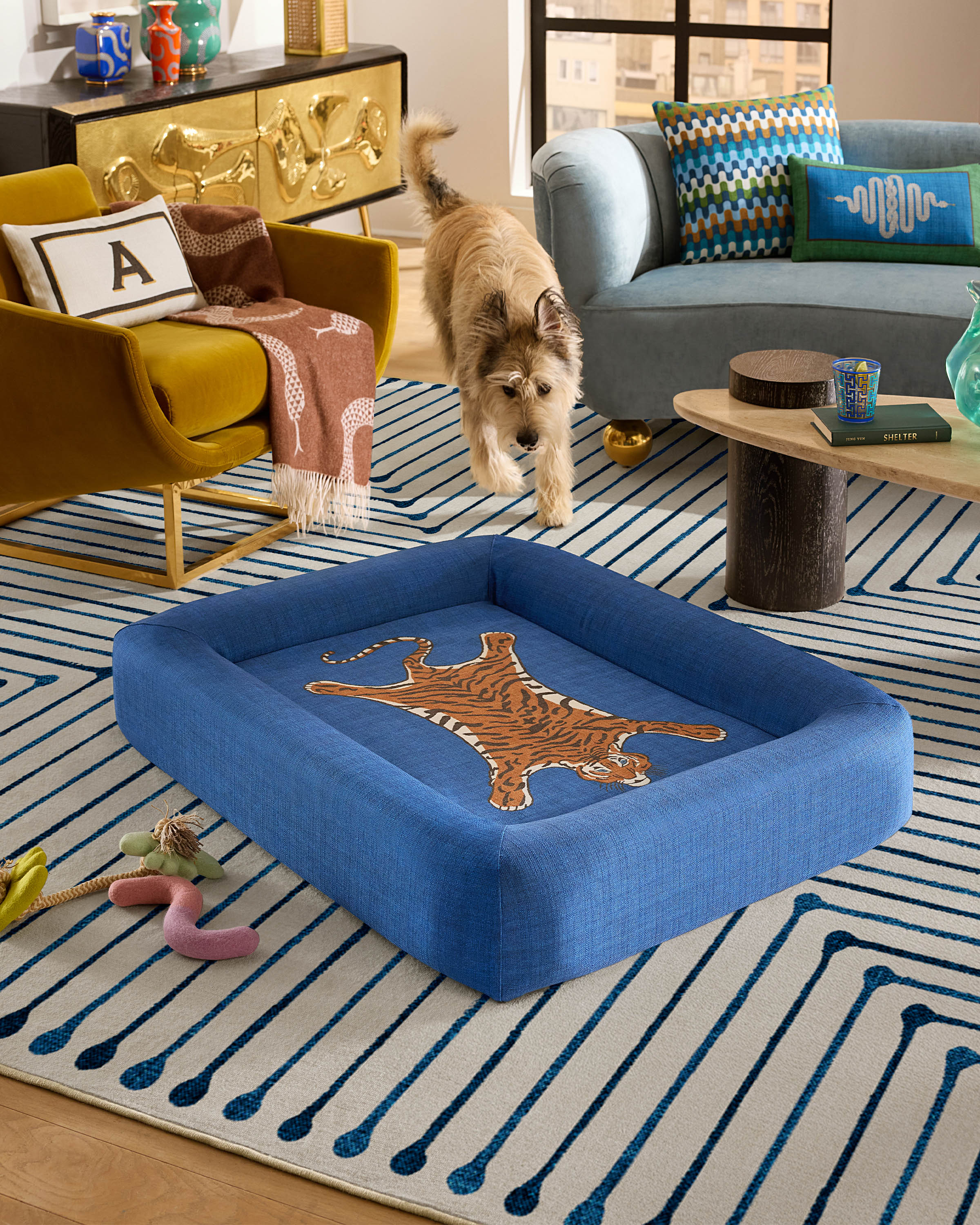 Tiger Blue Woven Bolster Pet Bed by Jonathan Adler