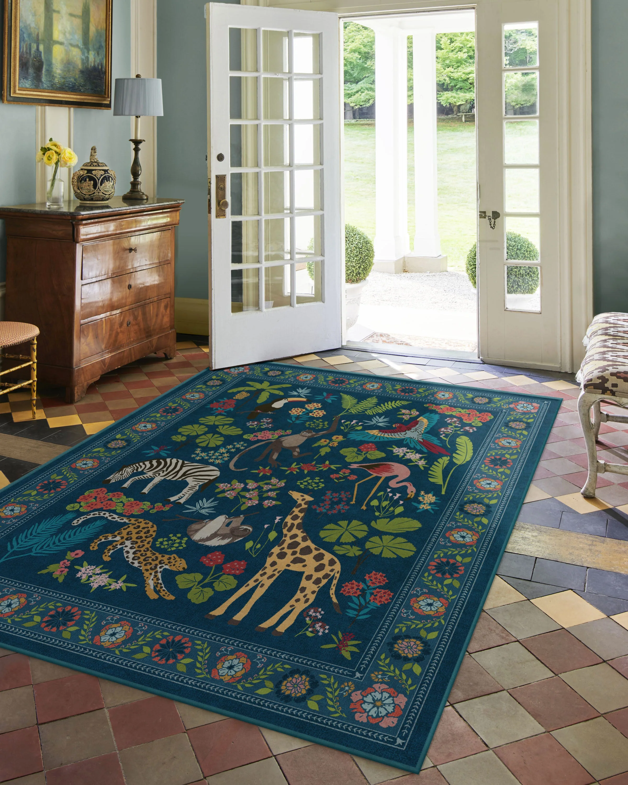 Jingle Jungle Royal Blue Flatwoven Rug by Iris Apfel