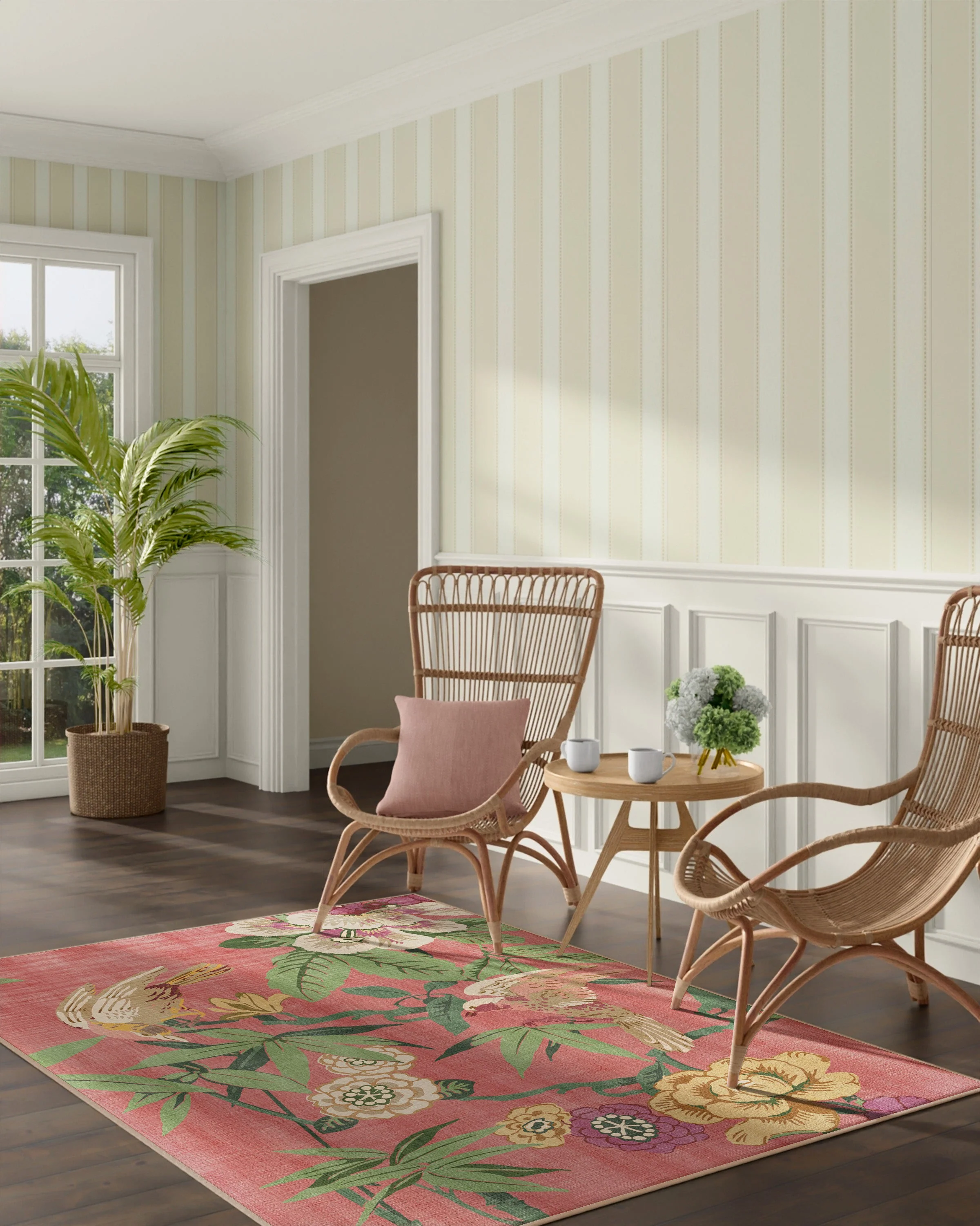 Bamboo & Bird Blossom Pink Flatwoven Rug by Sanderson