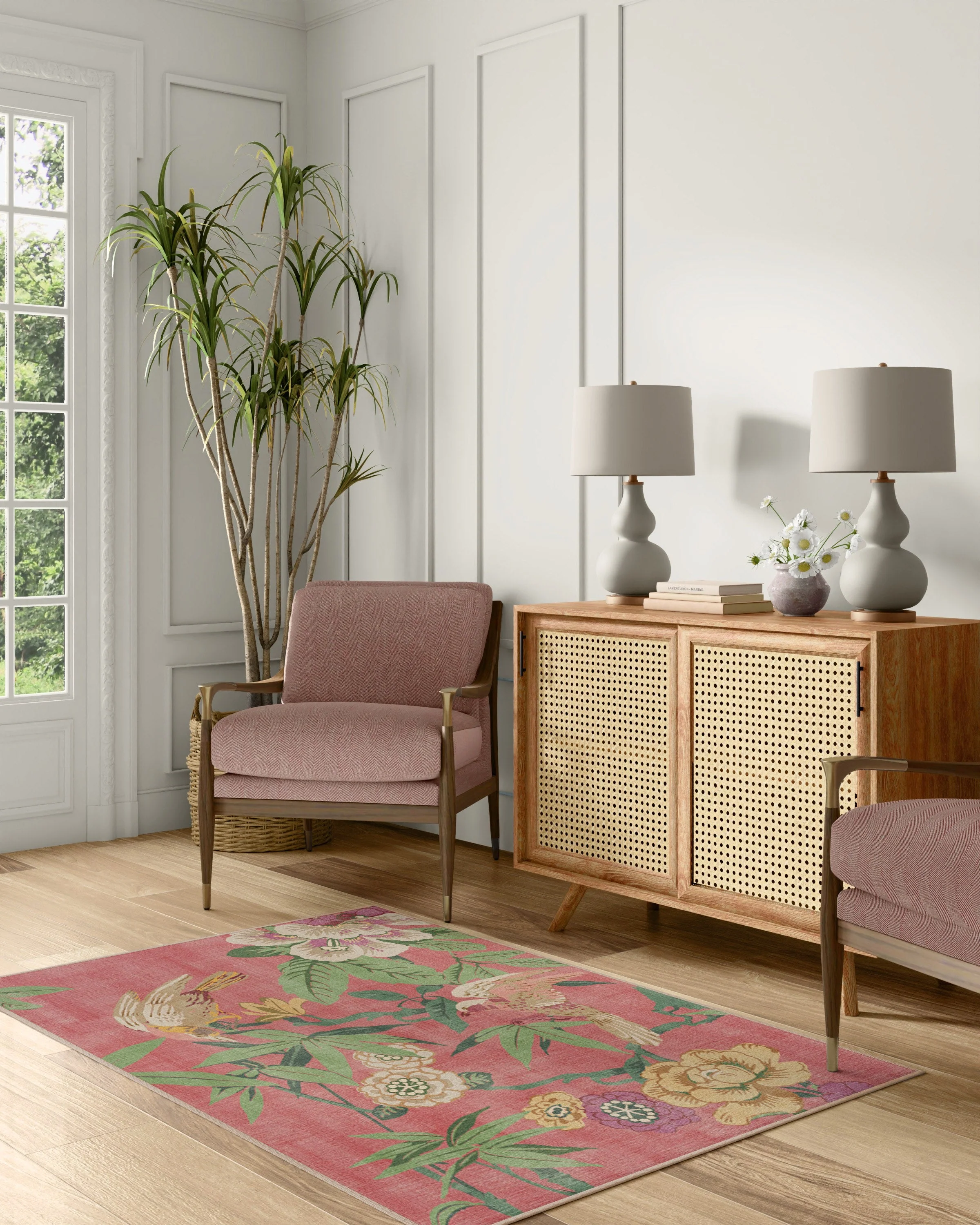 Bamboo & Bird Blossom Pink Rug by Sanderson