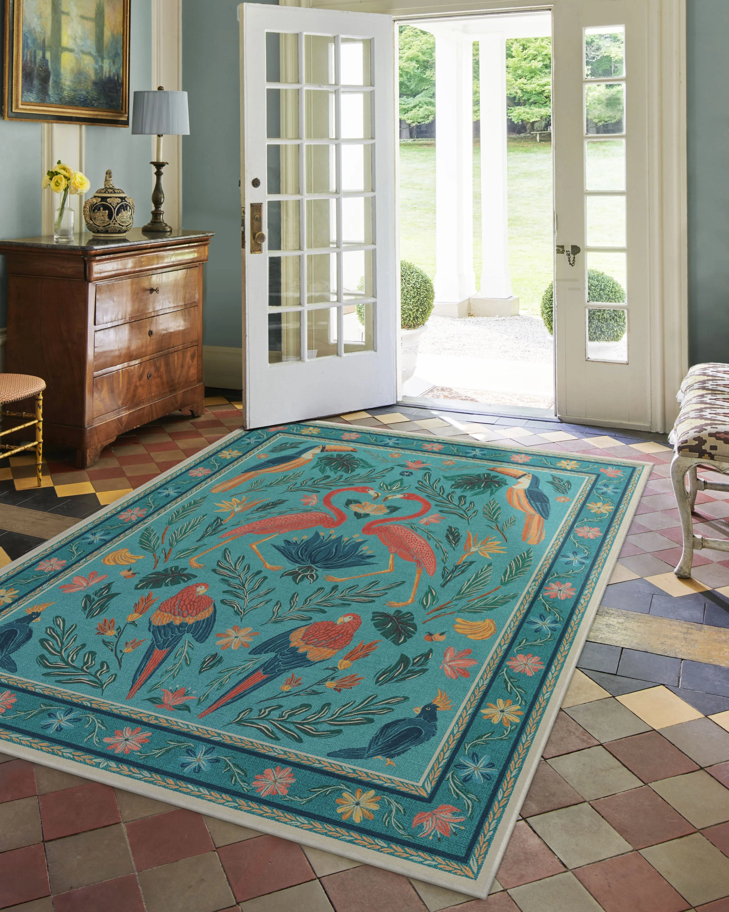 Birds Of A Feather Aqua Flatwoven Rug by Iris Apfel