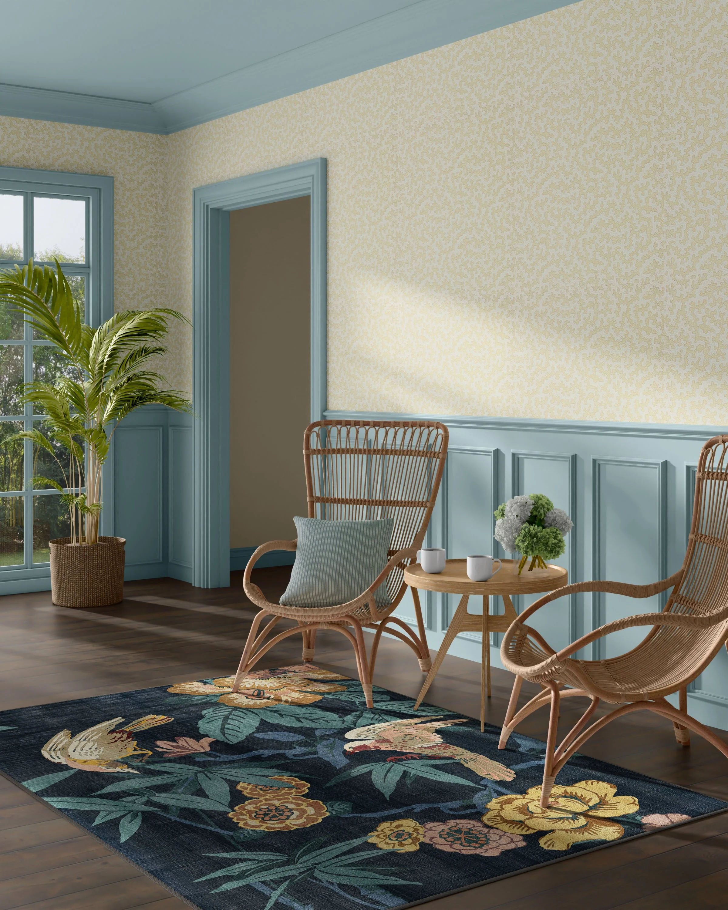 Bamboo & Bird Indigo Rug by Sanderson