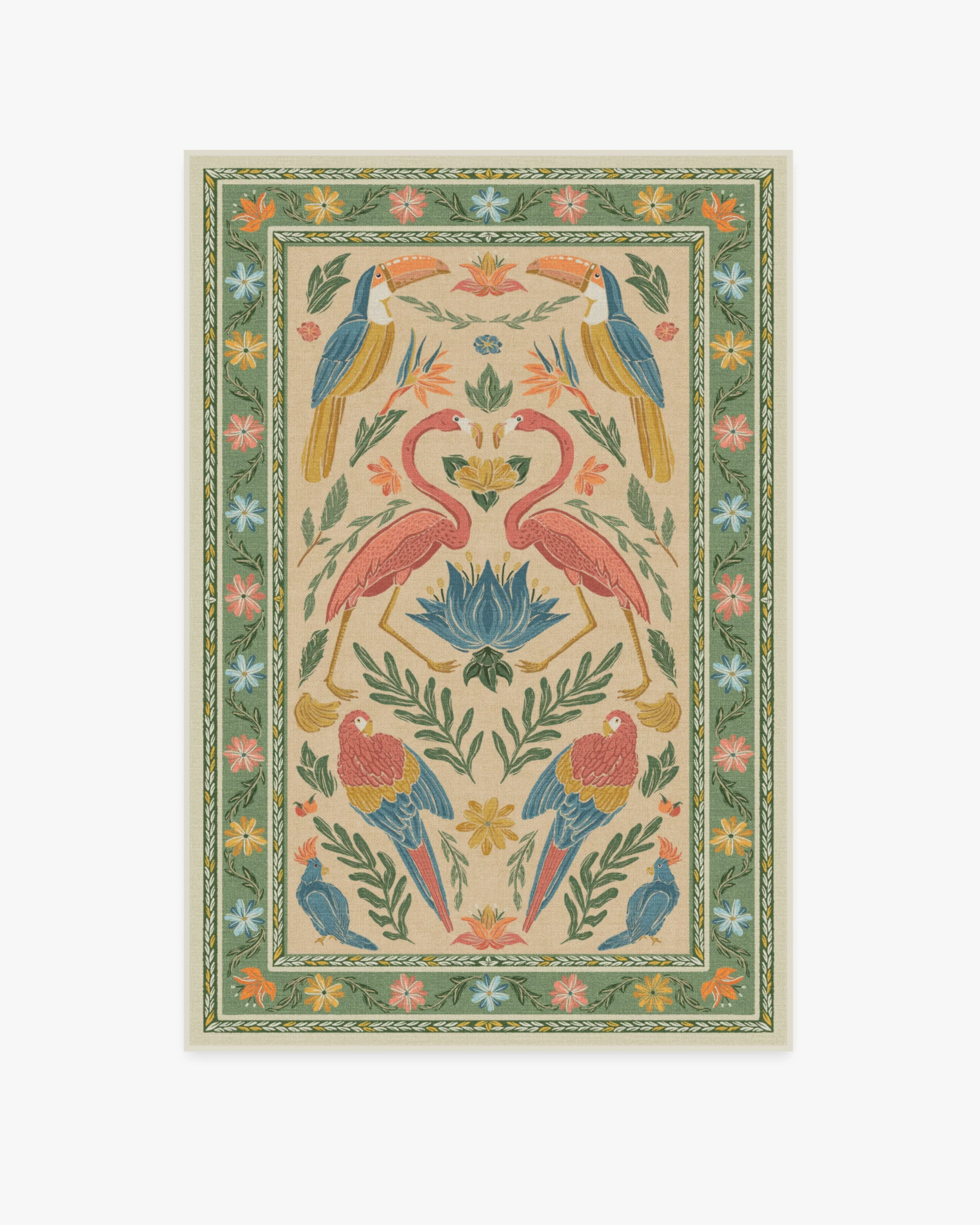 Birds Of A Feather Green & Peach Flatwoven Rug by Iris Apfel
