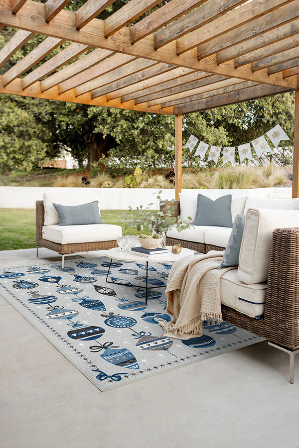 Festive Garland Blue Grey Outdoor Rug
