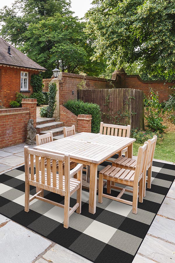 Gingham Plaid Black & White Outdoor Rug