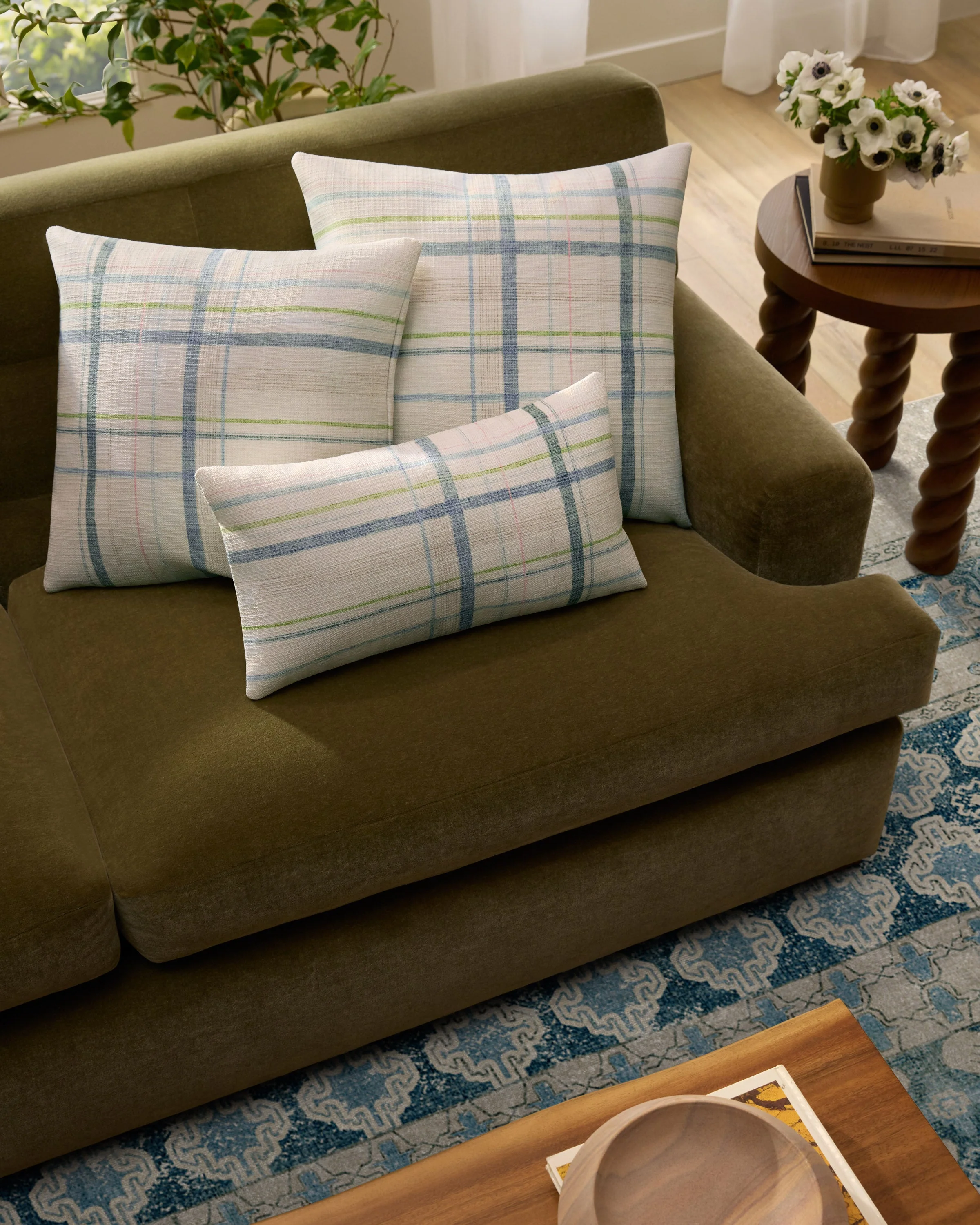 Jules Ivory & Soft Blue Woven Throw Pillow