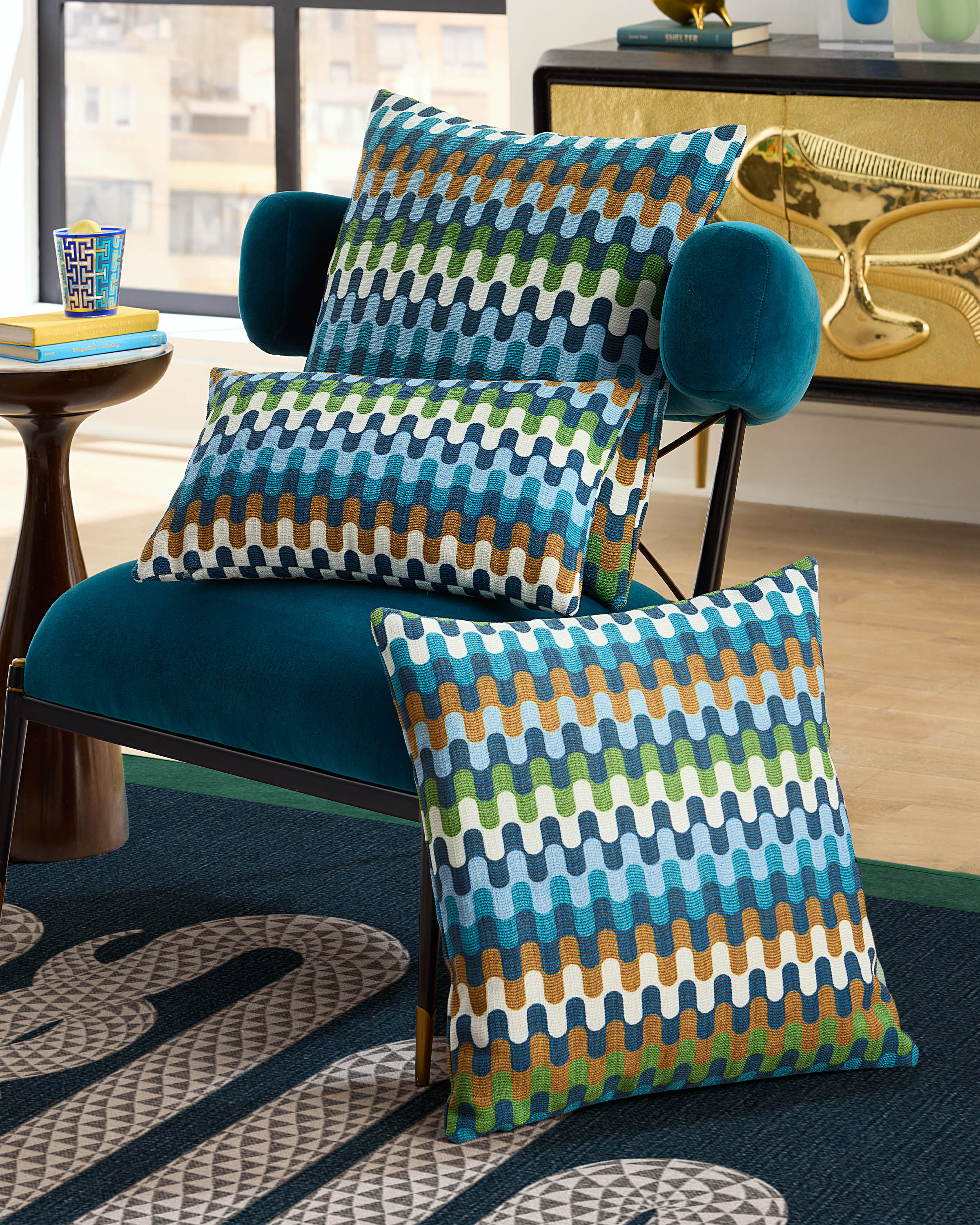 Puzzles Blue & Cognac Woven Throw Pillow by Jonathan Adler