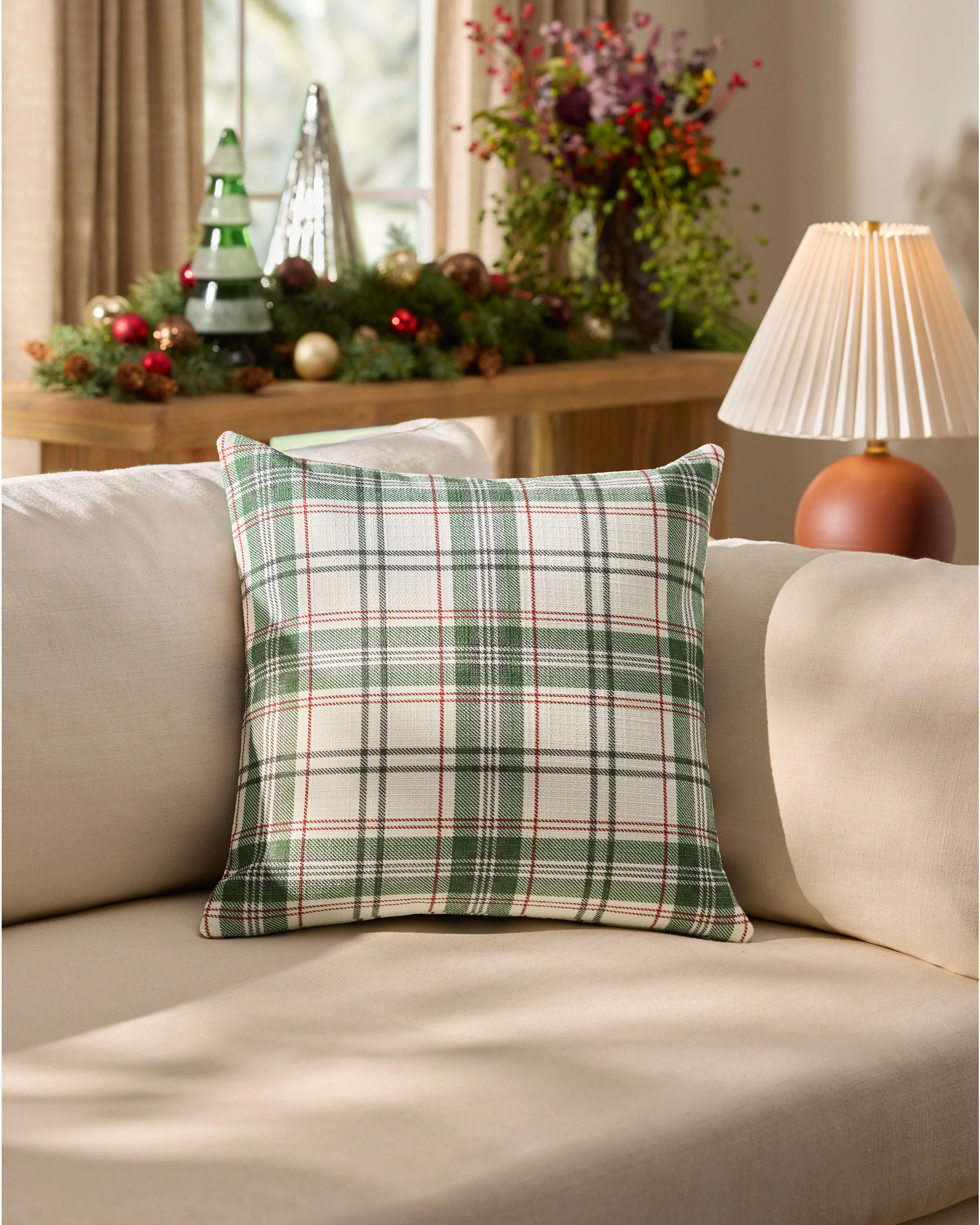 Noelle Tartan Eggshell & Green Woven Throw Pillow