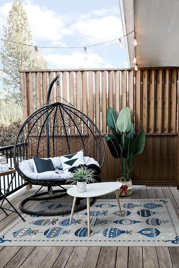 Festive Garland Blue Grey Outdoor Rug