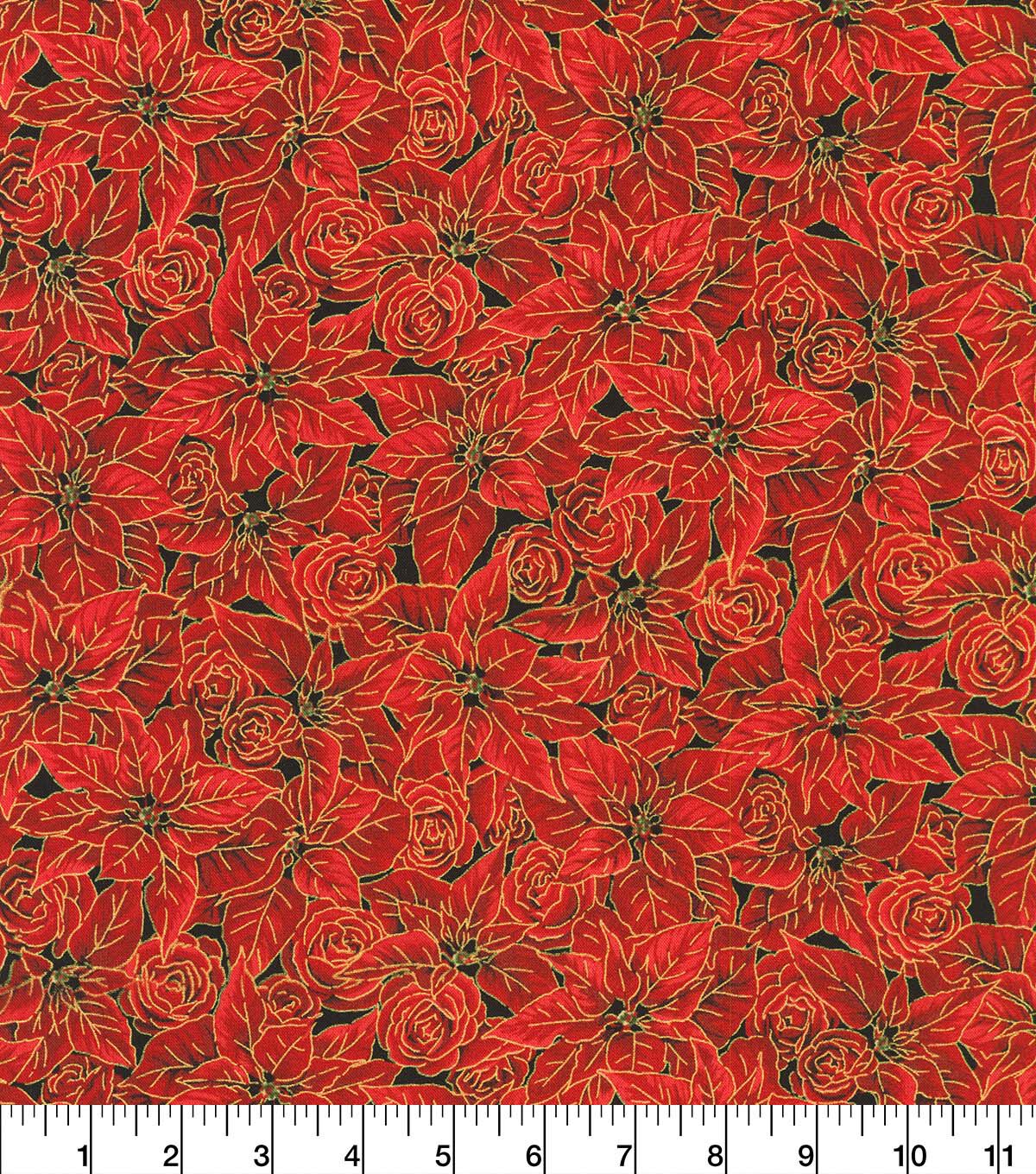 Red Gilded Poinsettias Christmas Metallic Cotton Fabric