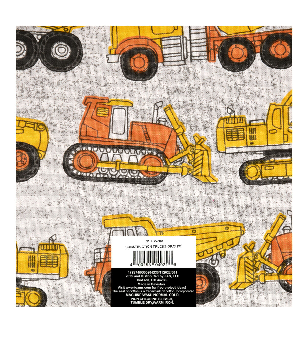 18 x 21 Yellow Construction Trucks Novelty Cotton Fabric Quarter 1pc