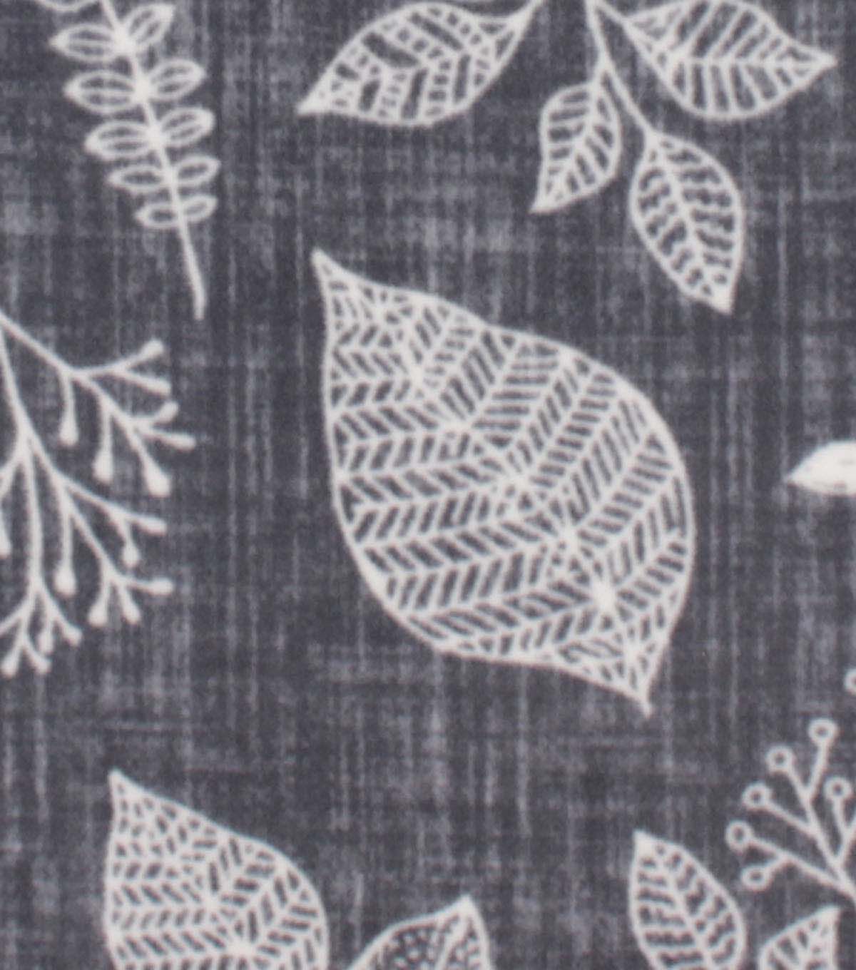 Sketched Leaves on Gray Anti Pill Plush Fleece Fabric