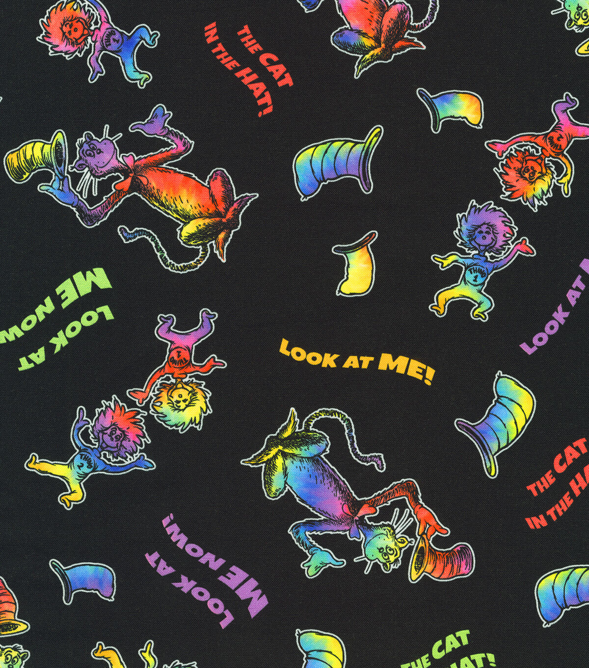 Dr Seuss Attention Cat on Black Cotton Fabric