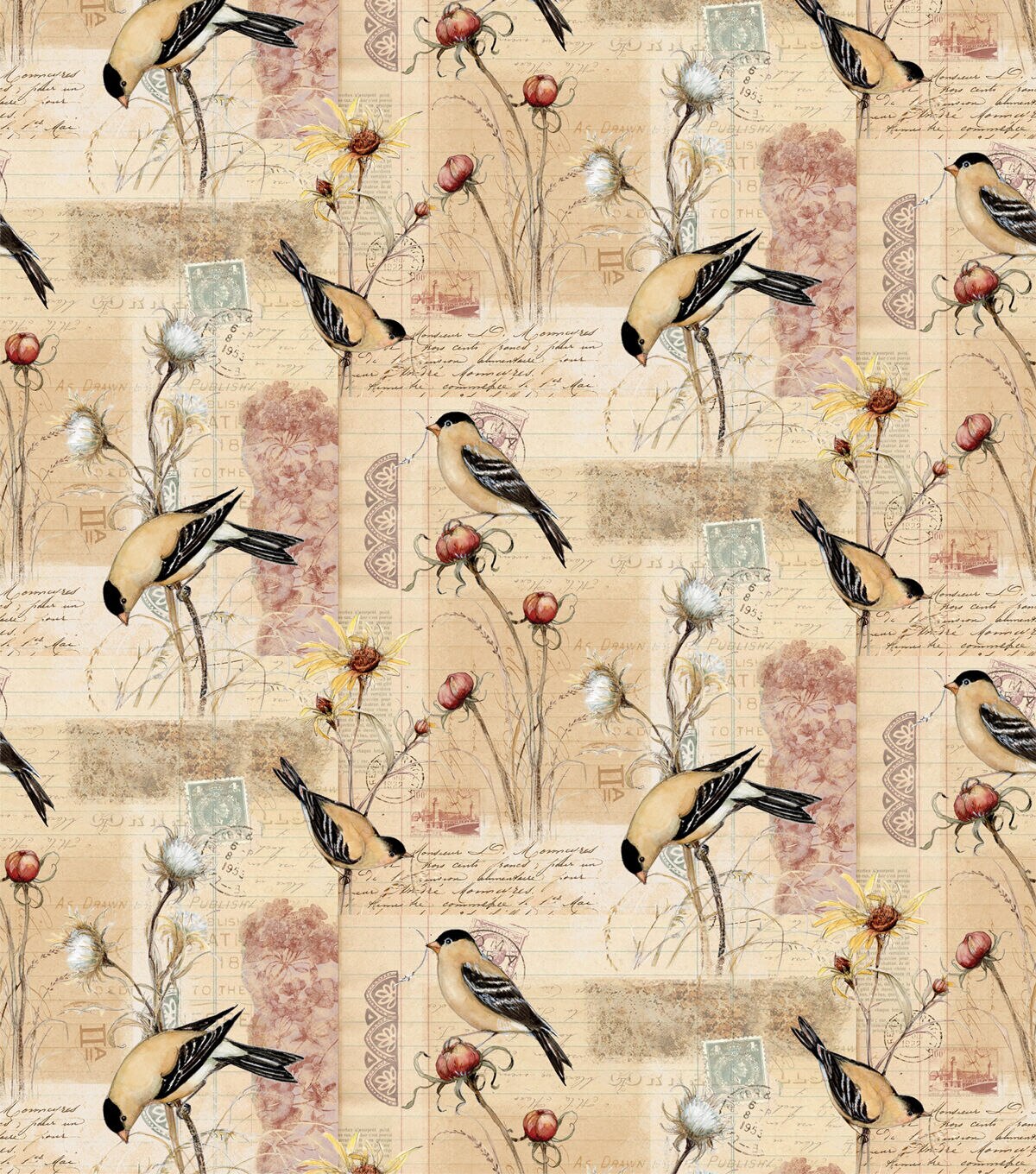 Yellow Goldfinch Thistle Patch Premium Cotton Fabric