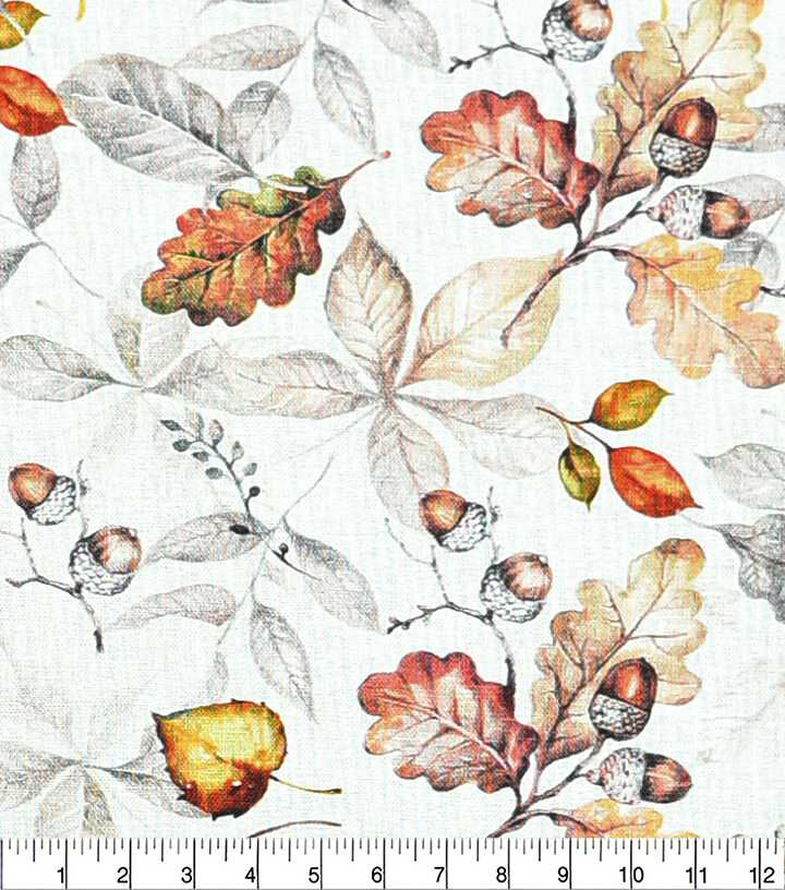 Fall Acorns And Leaves On White Fall Print Fabric