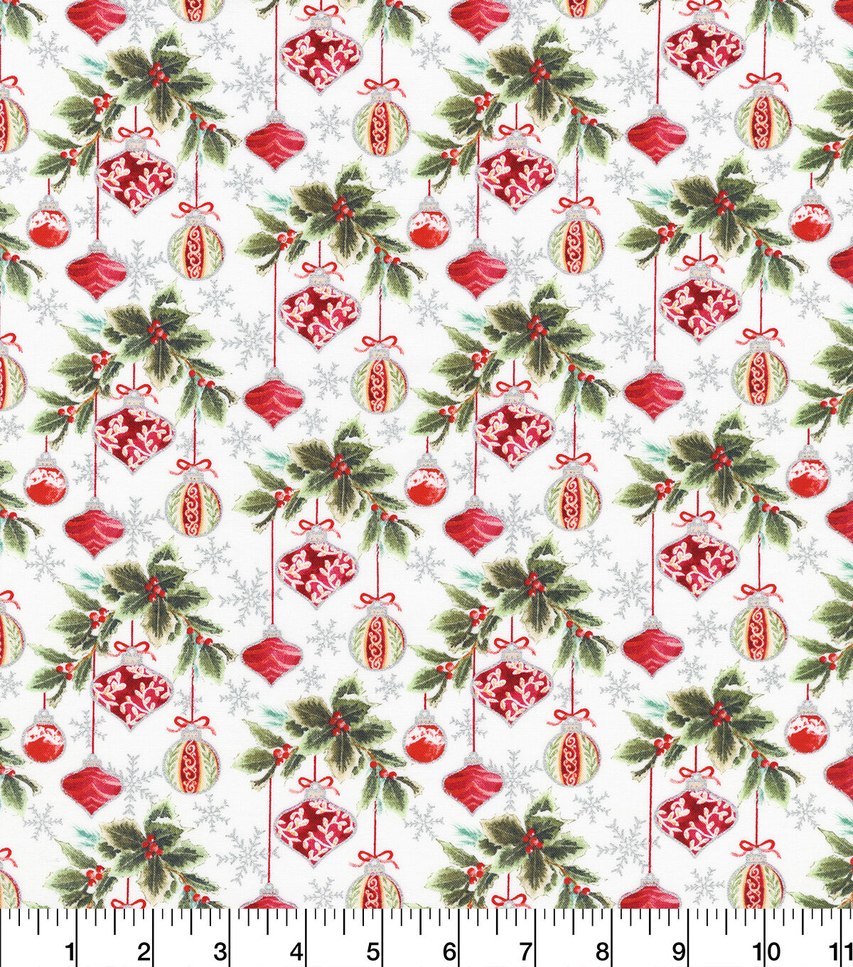 Robert Kaufman Gray & Red Ornaments Christmas Metallic Cotton Fabric