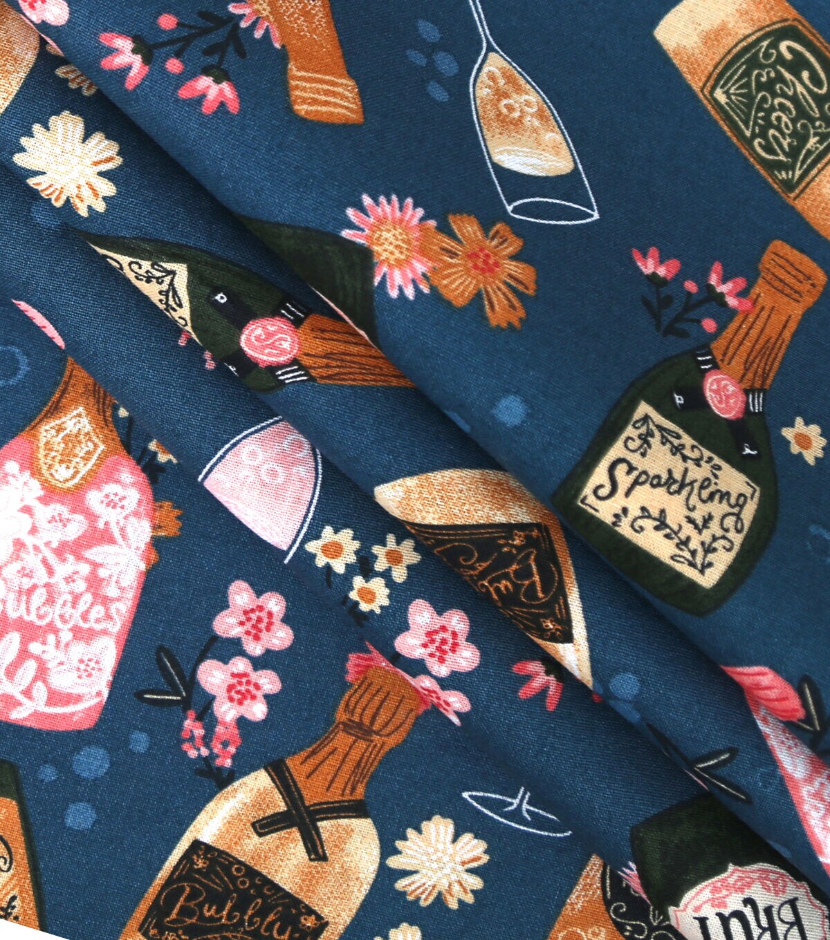 Champagne Flutes & Bottles on Blue Novelty Cotton Fabric