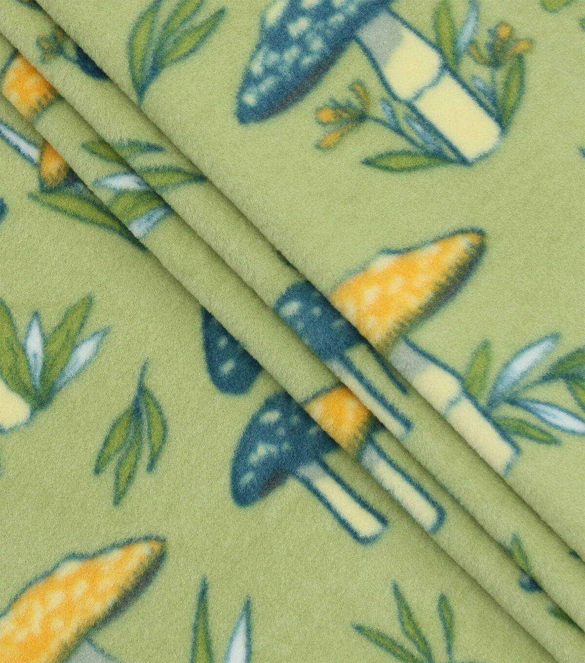 Mushrooms & Leaves on Green Anti Pill Plush Fleece Fabric